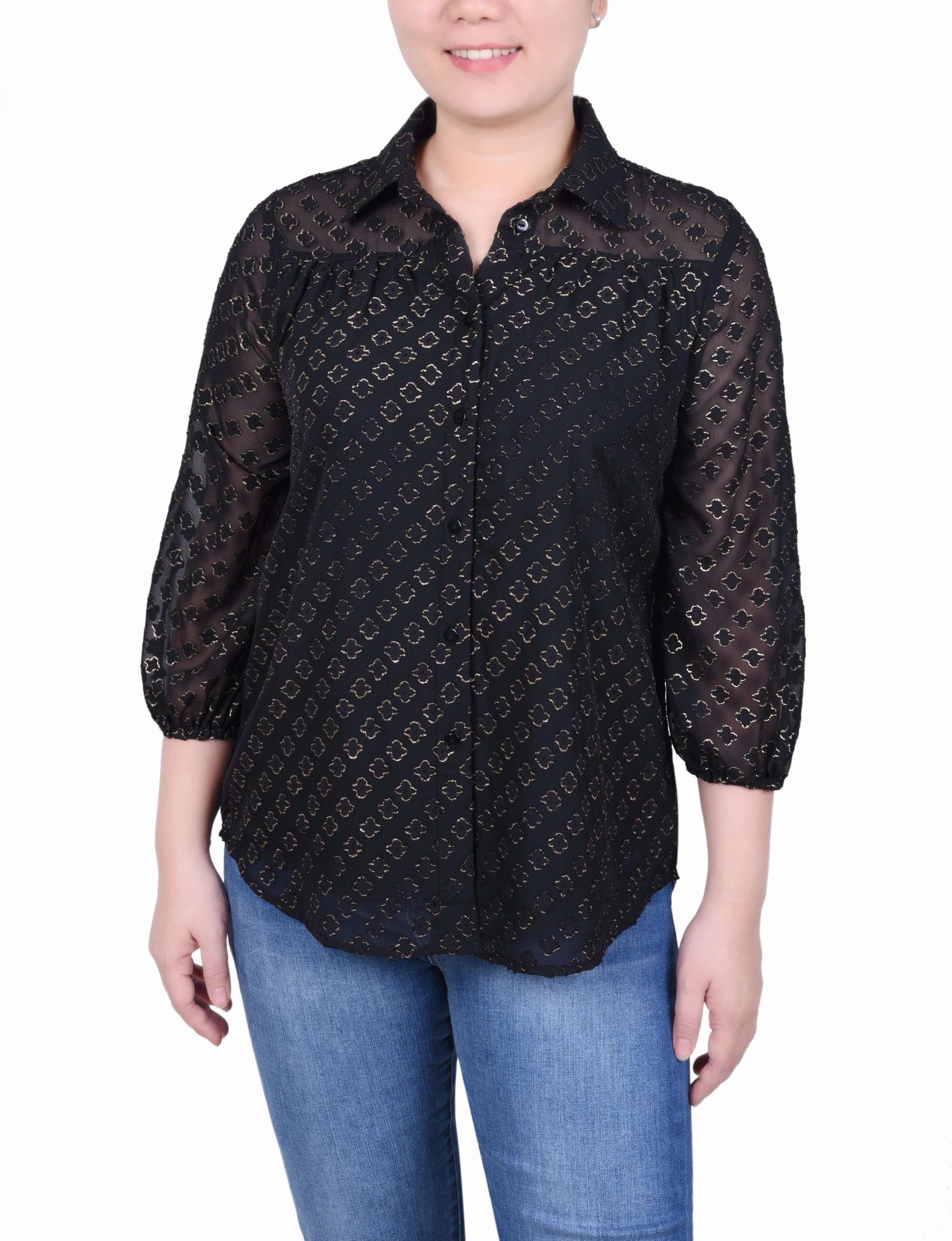 Elasticated Hem FourWayStretchFabric Petite 3/4 Sleeve Foiled Jacquard Chiffon Blouse