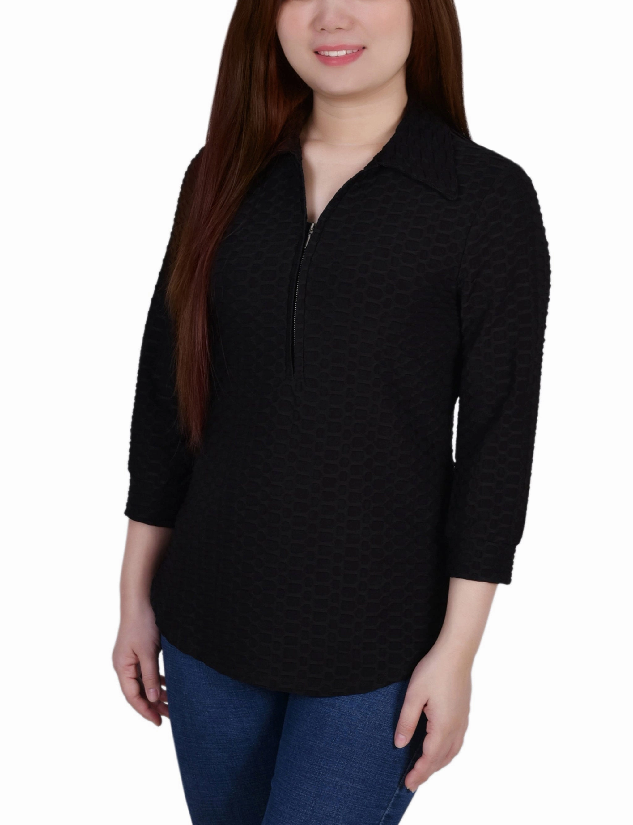 Petite 3/4 Sleeve Honeycomb Half Zip Top MultiDirectionalStretch Relaxed Tank