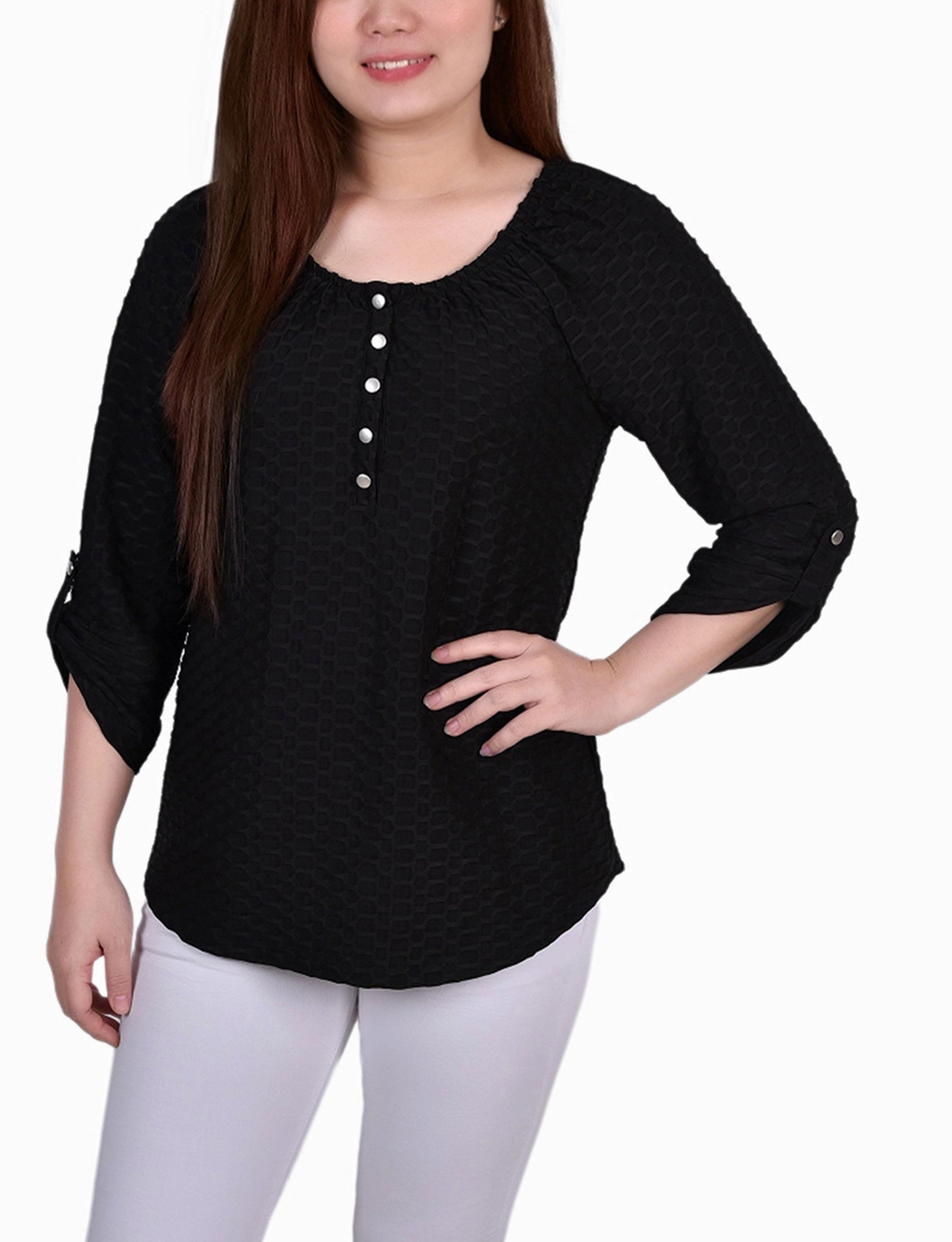 Petite 3/4 Sleeve Honeycomb Top Casual Button-Down WeightedHem
