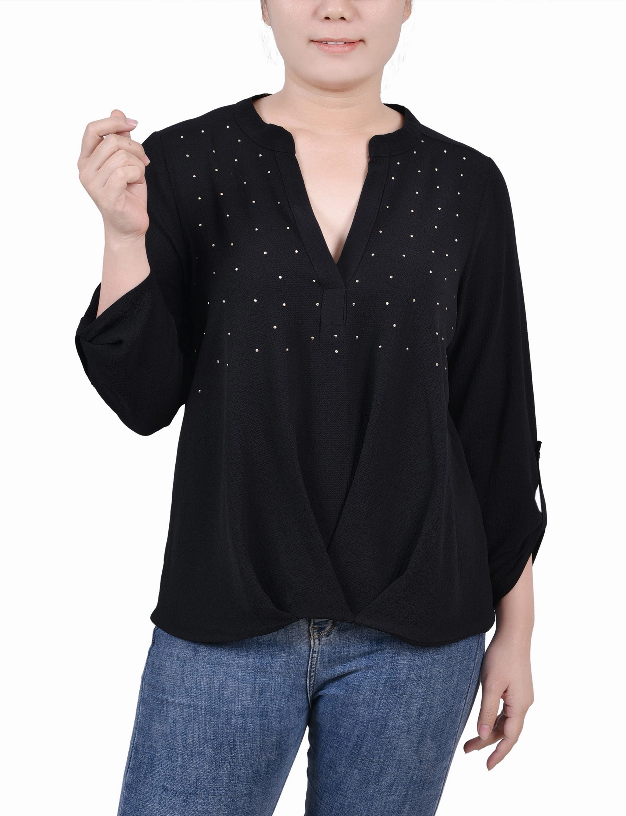 Petite 3/4 Sleeve Mandarin Collar Blouse With Front Pleats Stain Resistant Treatment CroppedLength