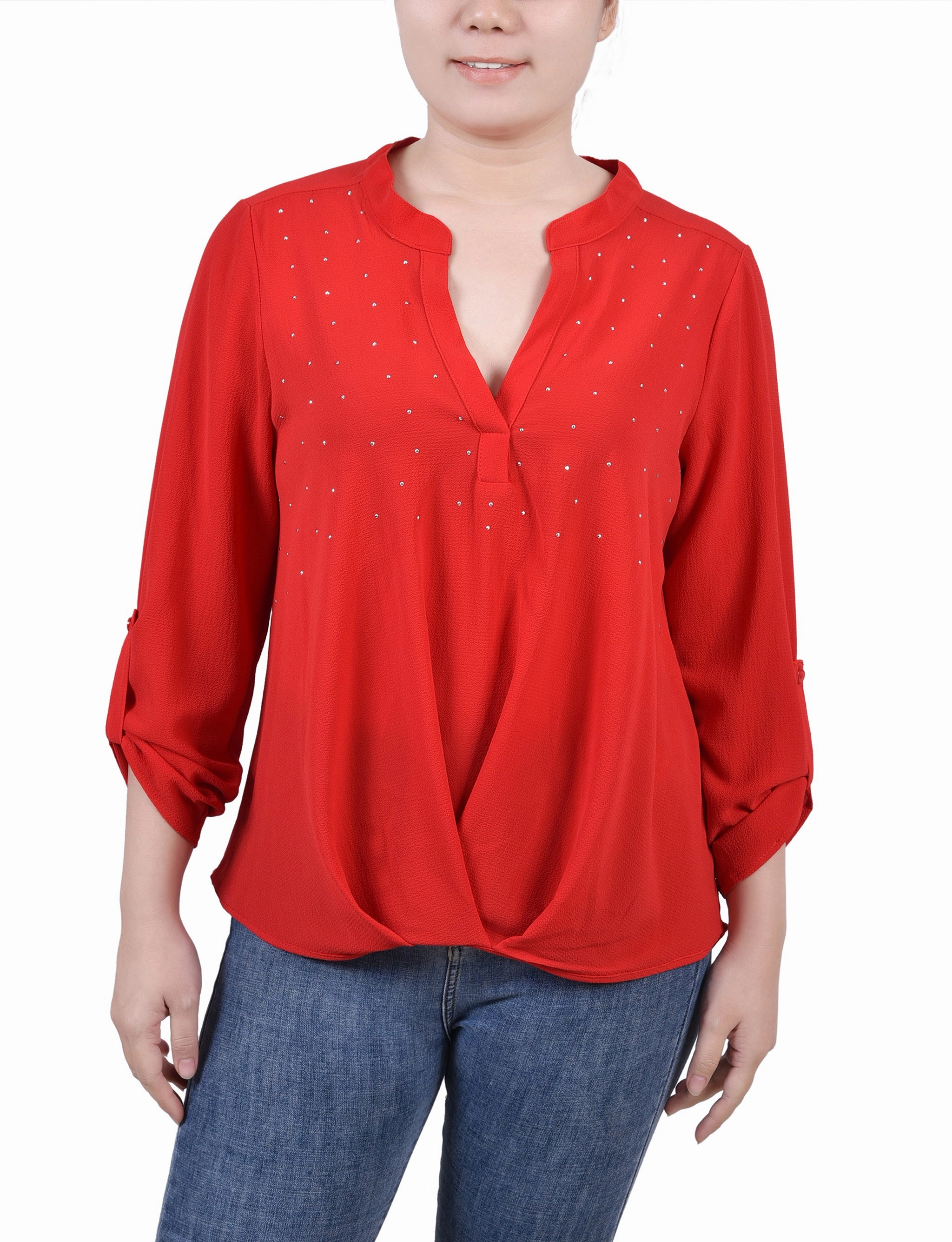 GarmentWashed Texture NonRestrictive Fit Petite 3/4 Sleeve Mandarin Collar Blouse With Front Pleats