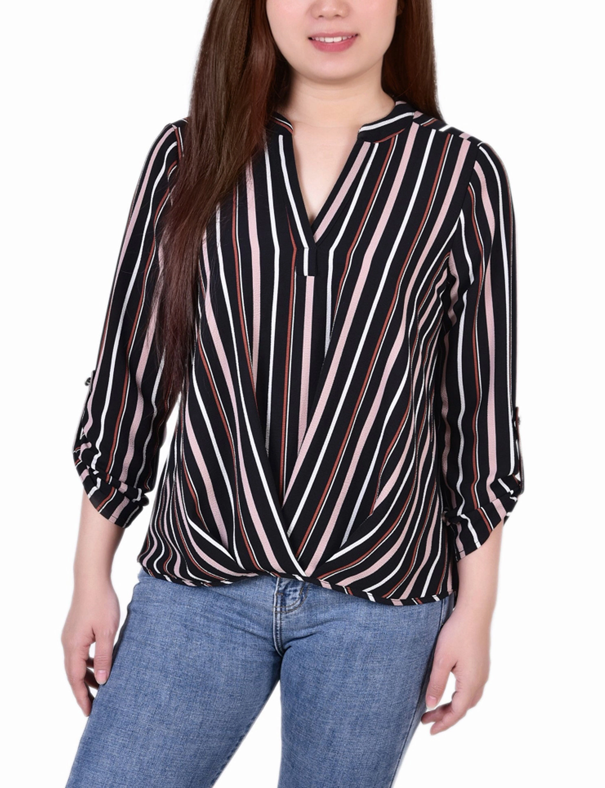 CompressionSupportWeave Breathable Hoodie Petite 3/4 Sleeve Mandarin Collar Blouse With Front Pleats