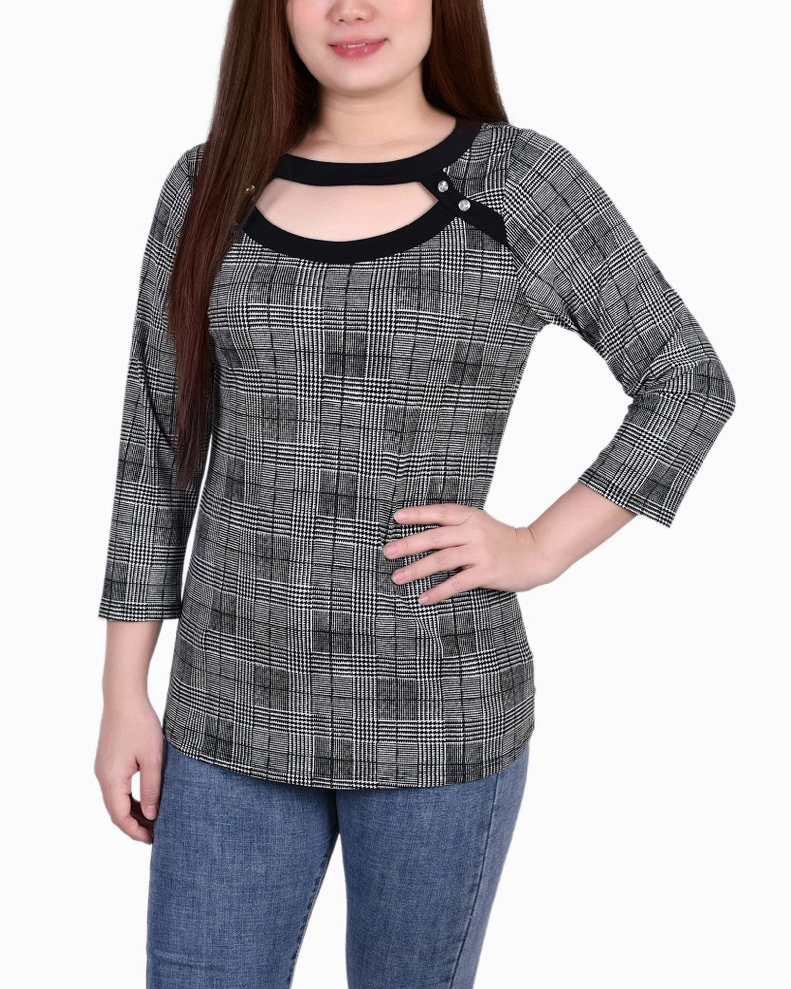 Petite 3/4 Sleeve Top With Combo Bands And Front Cutout Thermochromic Color Shift Tech