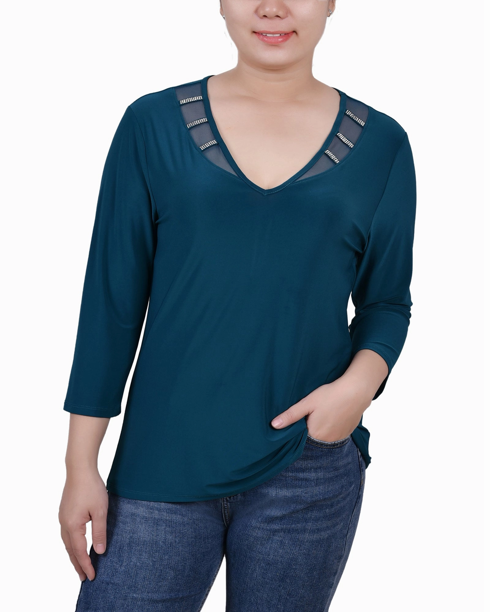 Wind Resistant Fabric Petite 3/4 Sleeve Top With Illusion Neckline and Stones