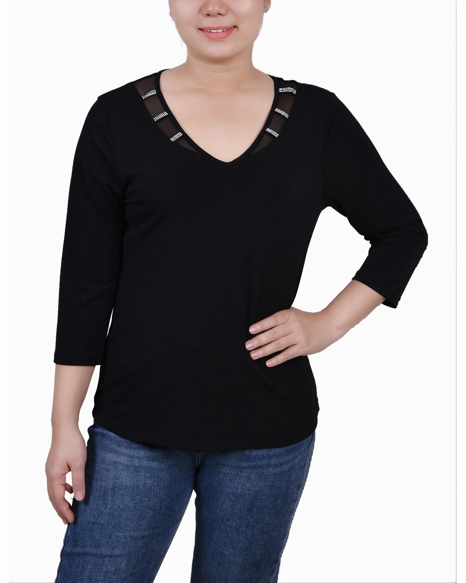 Petite 3/4 Sleeve Top With Illusion Neckline and Stones LowMaintenanceMaterial