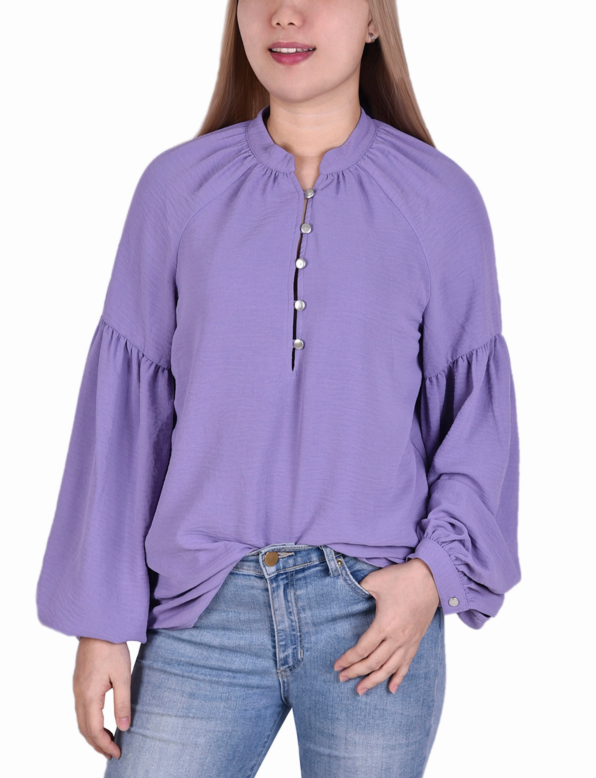 Petite Bishop Sleeve Blouse With Mandarin Collar Fun Design