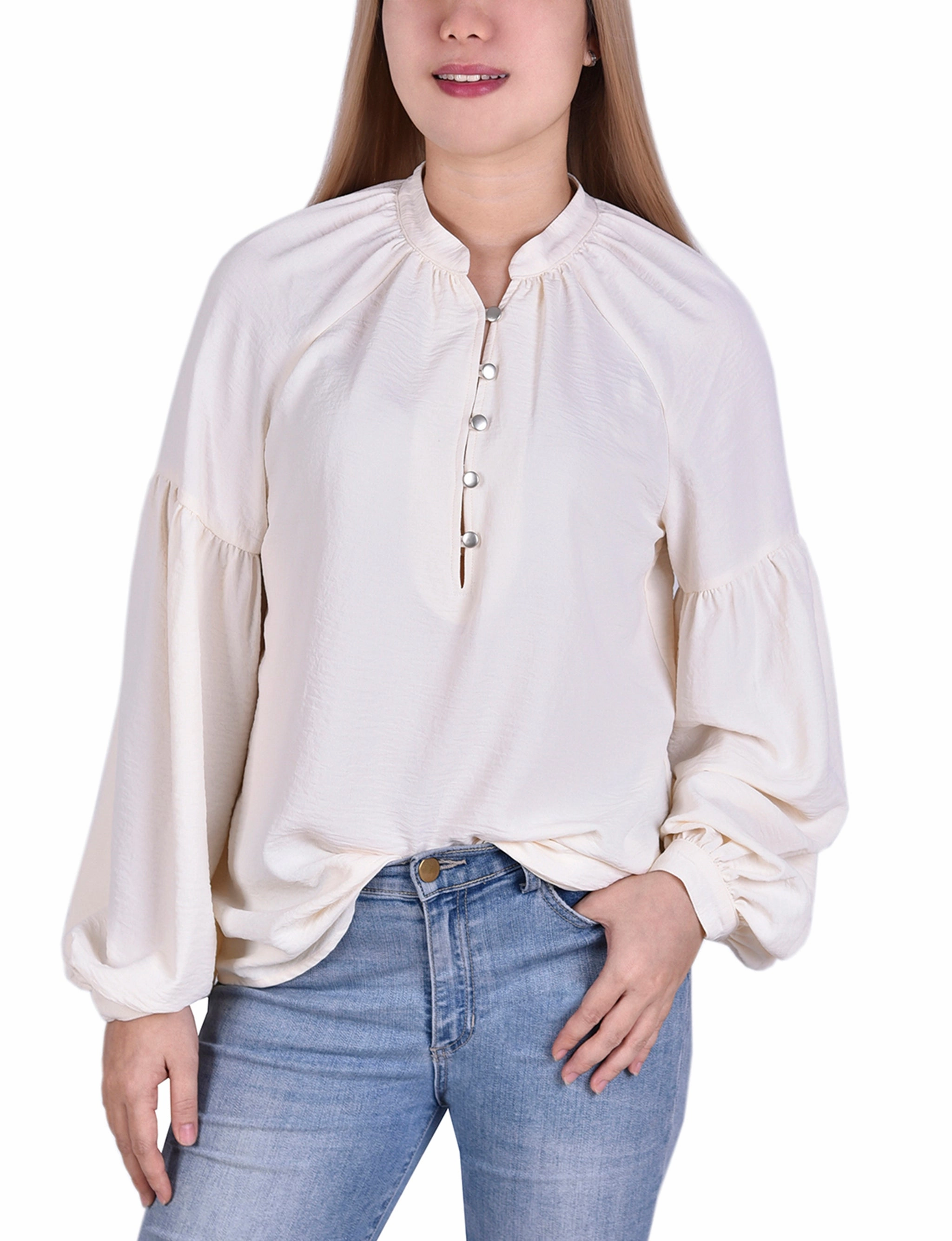 Weighted Hem Trim Petite Bishop Sleeve Blouse With Mandarin Collar