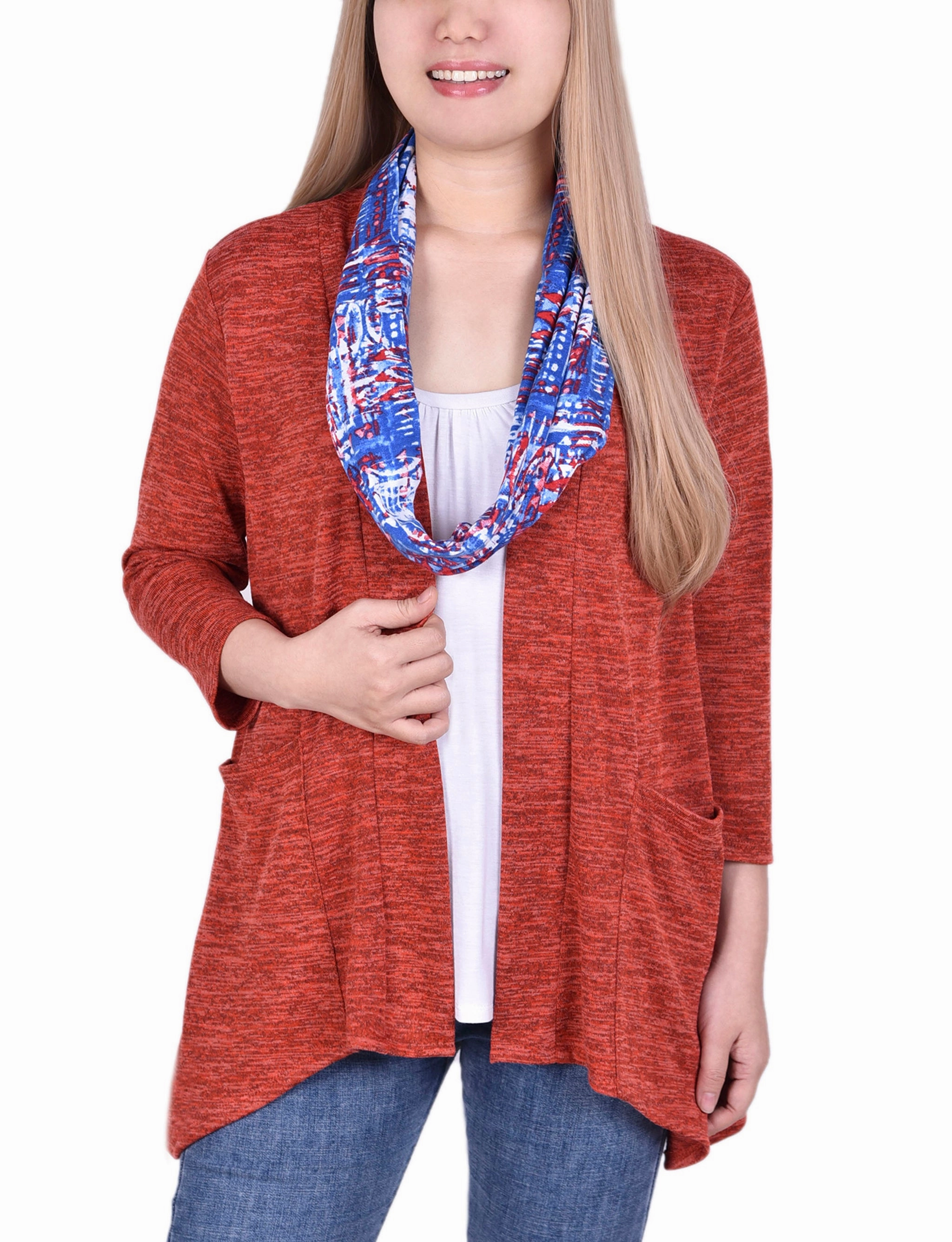 EcoFriendly Dye Process Petite Cardigan With Inset And Detachable Printed Scarf