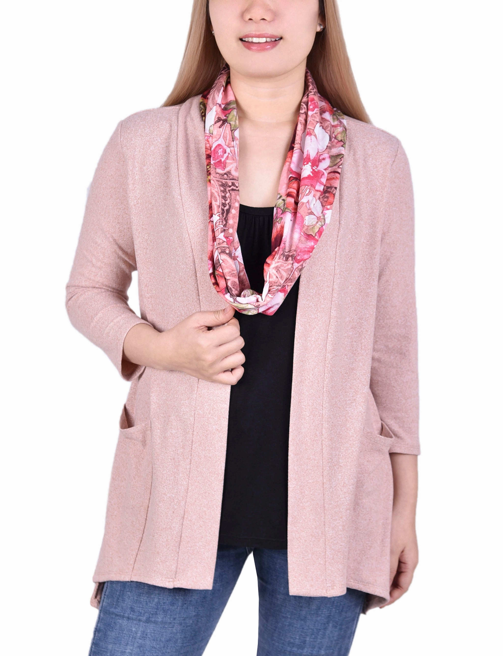 Sustainable Production Methods Petite Cardigan With Inset And Detachable Printed Scarf