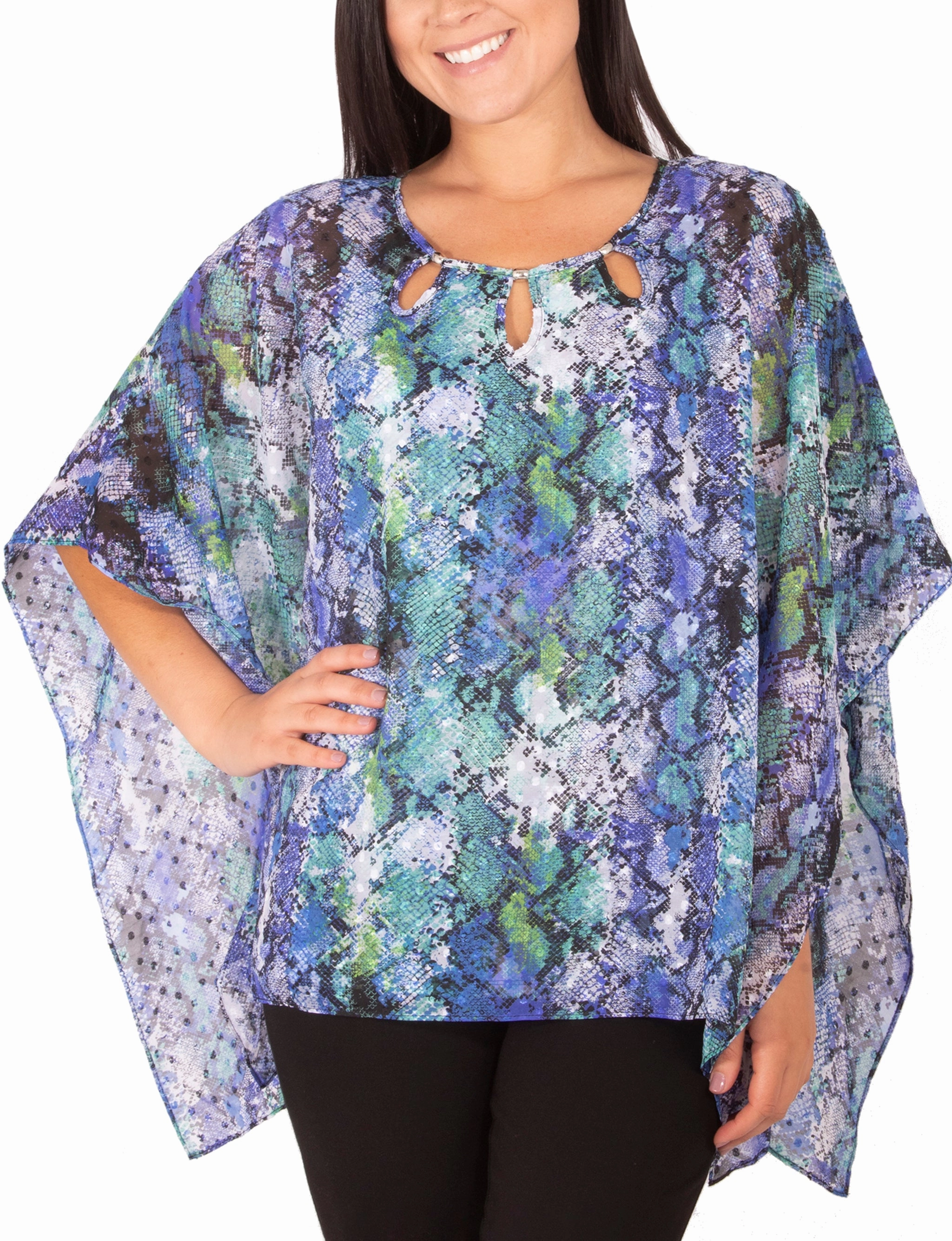 Low Impact Manufacturing CrewNeck Petite Chiffon Poncho And Tank With Beaded Neckline