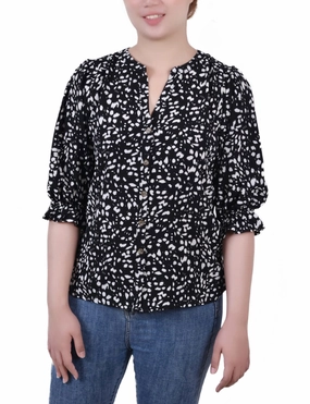 LongWearingComfort Glow In The Dark Accent Trim Petite Elbow Sleeve Y Neck Blouse