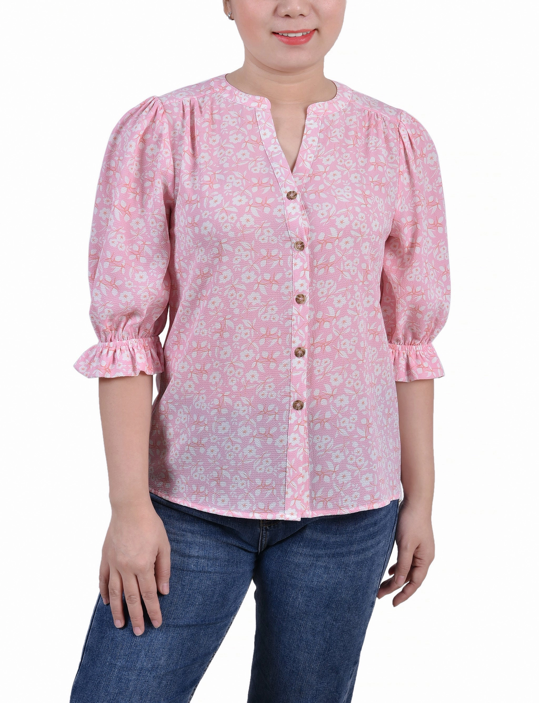 Petite Elbow Sleeve Y Neck Blouse Basic Sweatshirt Active Blouse