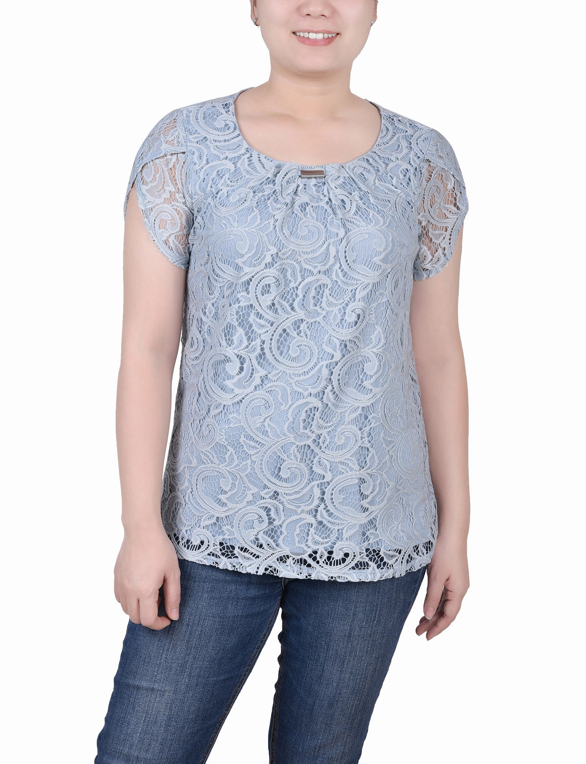 Petite Lace Petal Sleeve Top AntiPilling Technology Non Irritating Seams
