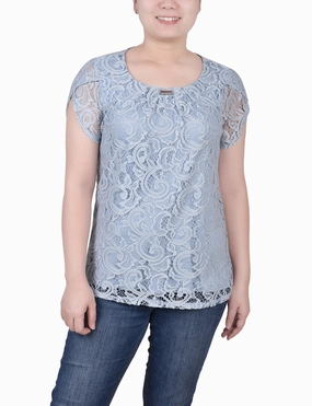 Petite Lace Petal Sleeve Top Stretch waistband