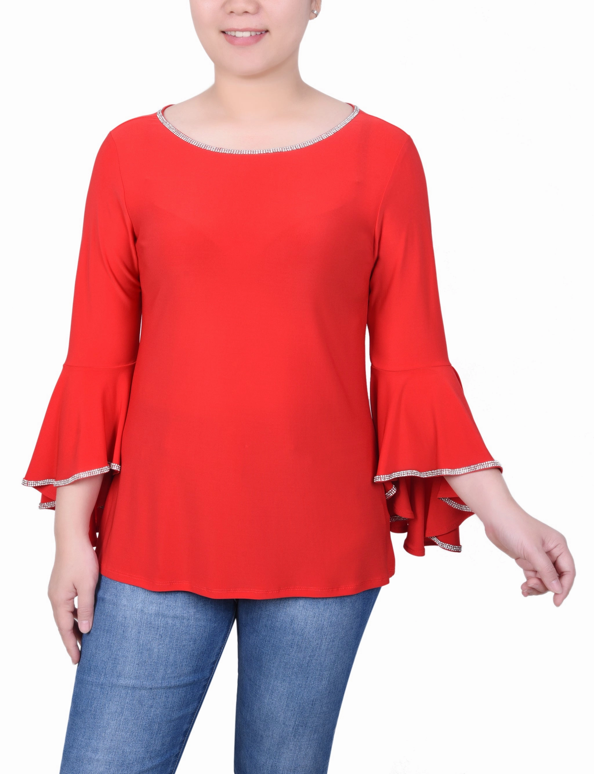 Petite Long Bell Sleeve Tunic Top With Stone Details NonRestrictive Cut