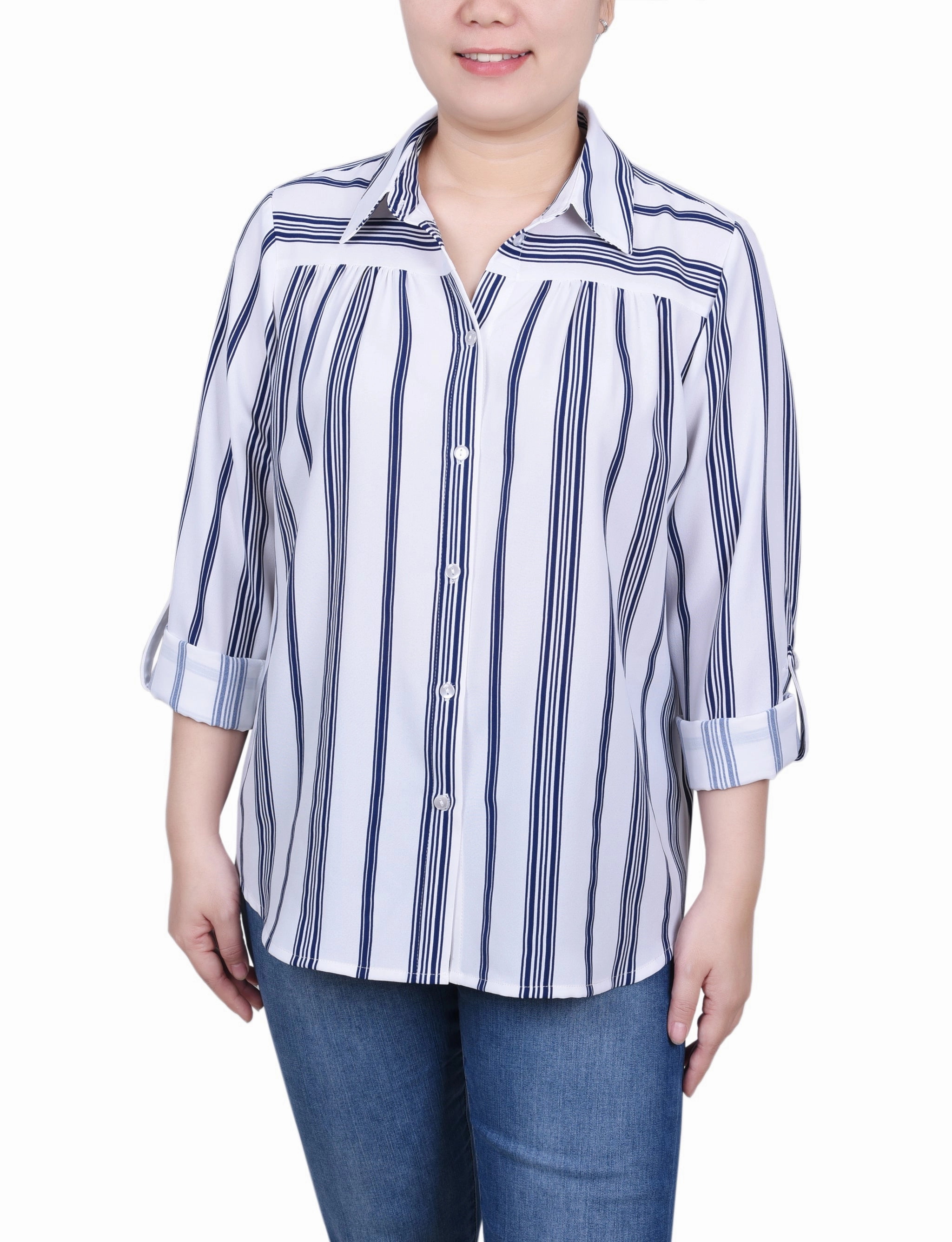 Petite Long Roll Tab Sleeve Blouse Simple Pullover