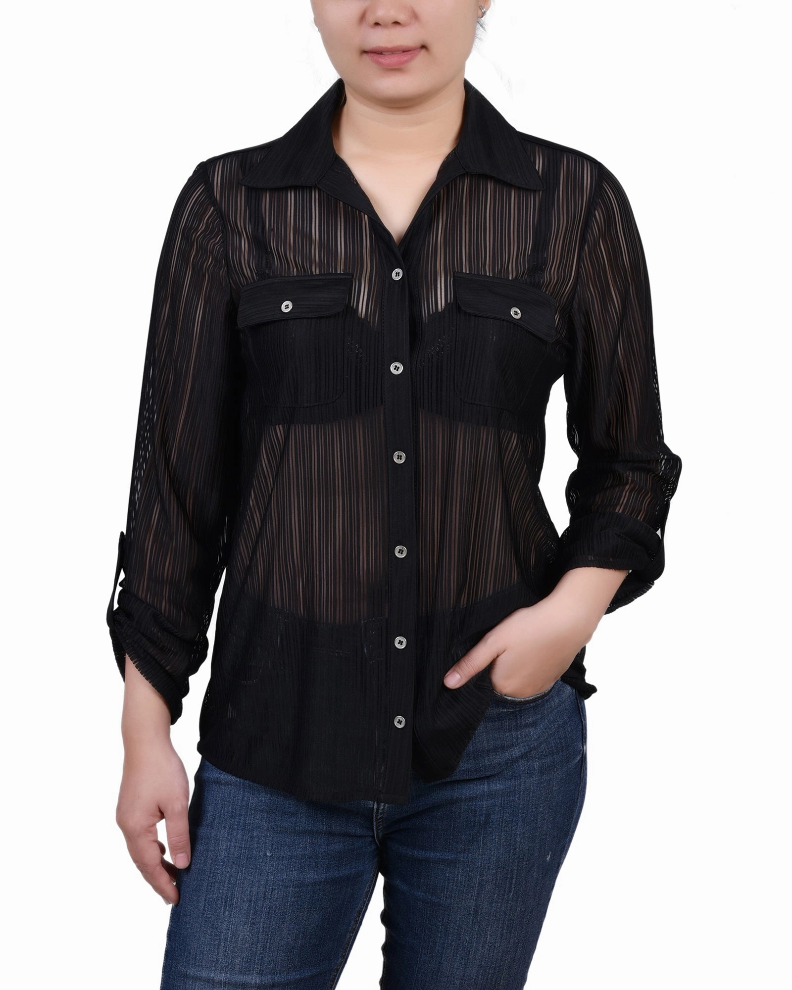 Petite Long Roll Tab Sleeve Burnout Knit Top Ribbed Collar Design