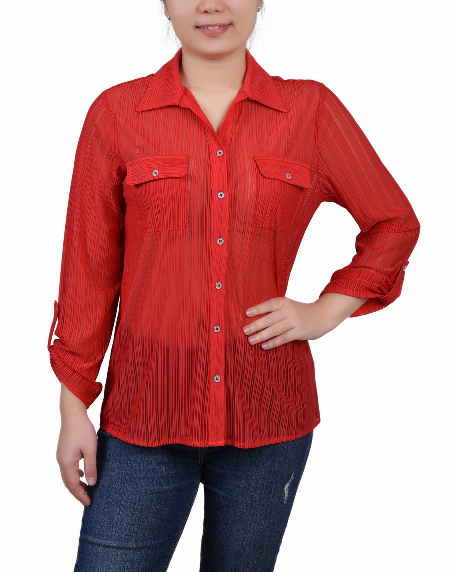 Petite Long Roll Tab Sleeve Burnout Knit Top TemperatureRegulating