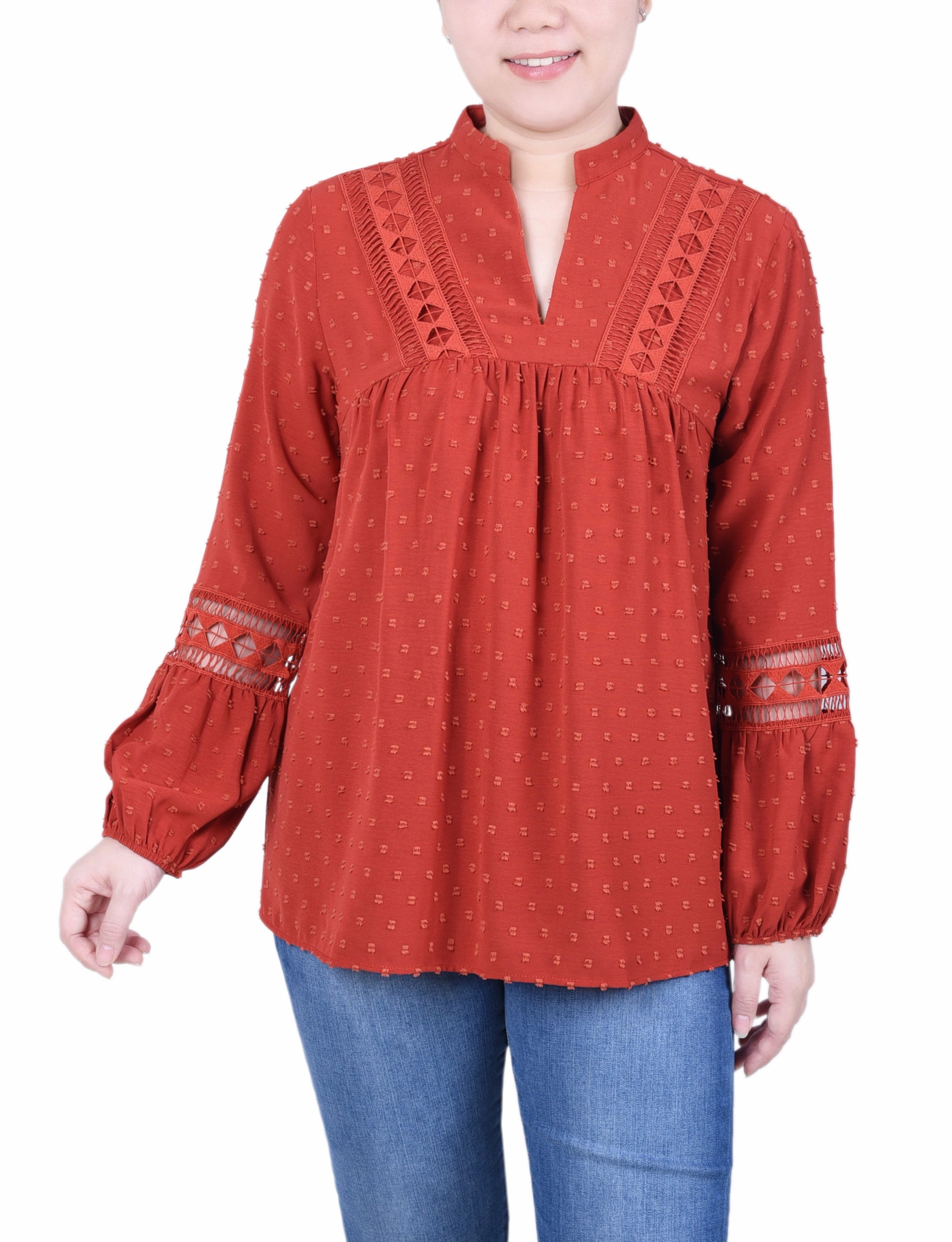 Petite Long Sleeve Blouse With Crochet Trim Low Profile Stitching