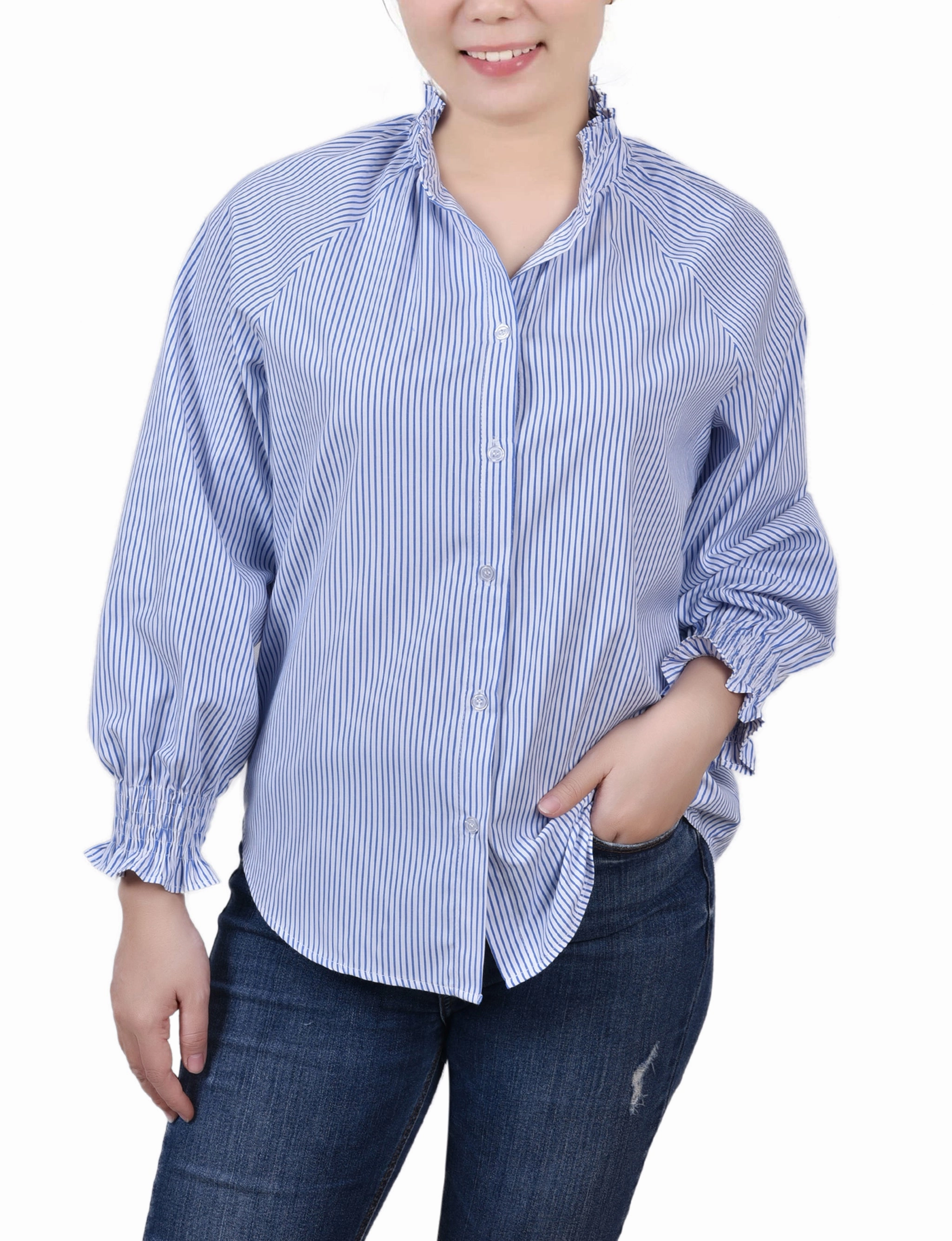 Petite Long Sleeve Button Front Blouse Hypoallergenic Lining