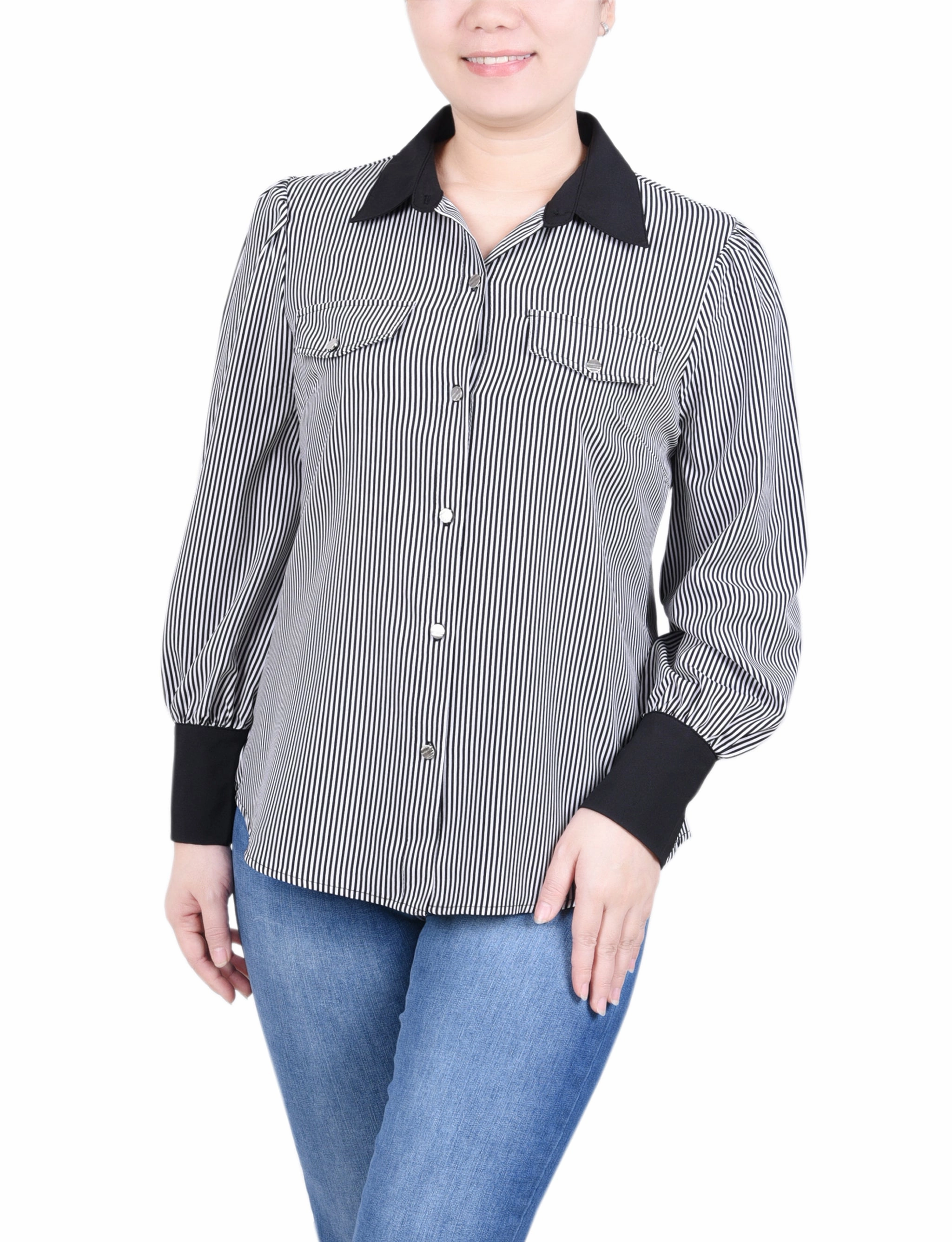 Cozy Sweatshirt FoamReinforcedCollar Petite Long Sleeve Colorblocked Blouse