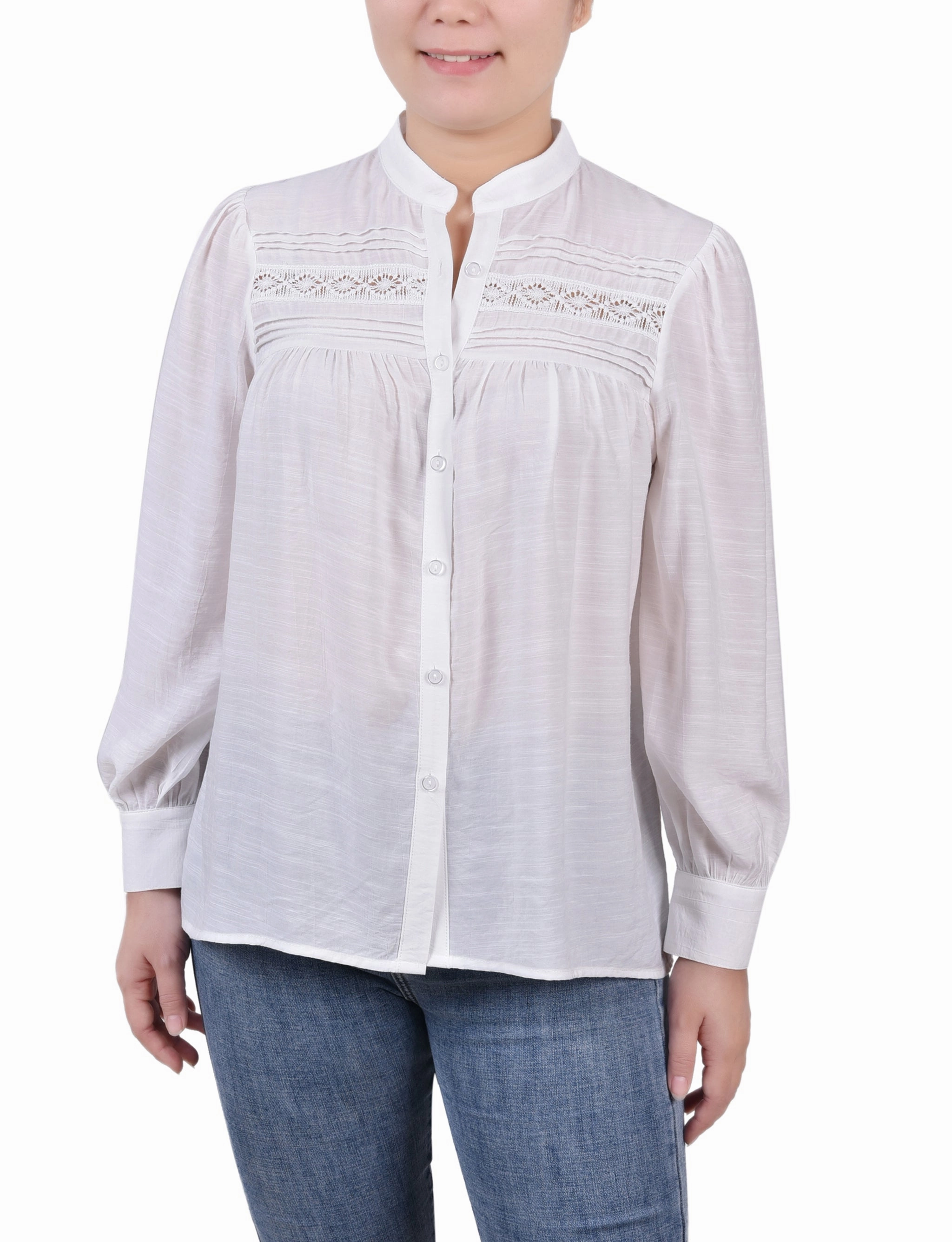 simple design Petite Long Sleeve Crochet Blouse