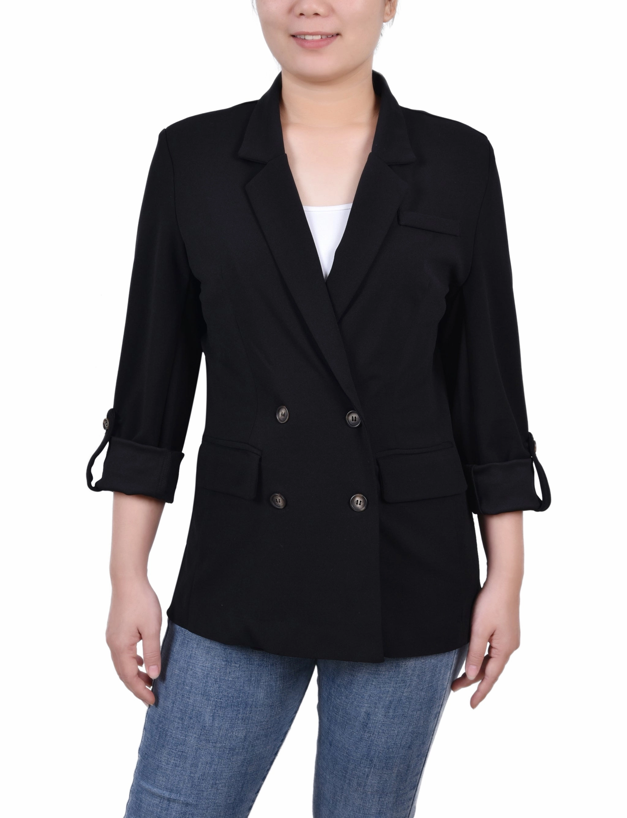 AbrasionResistant Fabric AntiSnag Fabric Petite Long Sleeve Double Breasted Crepe Jacket