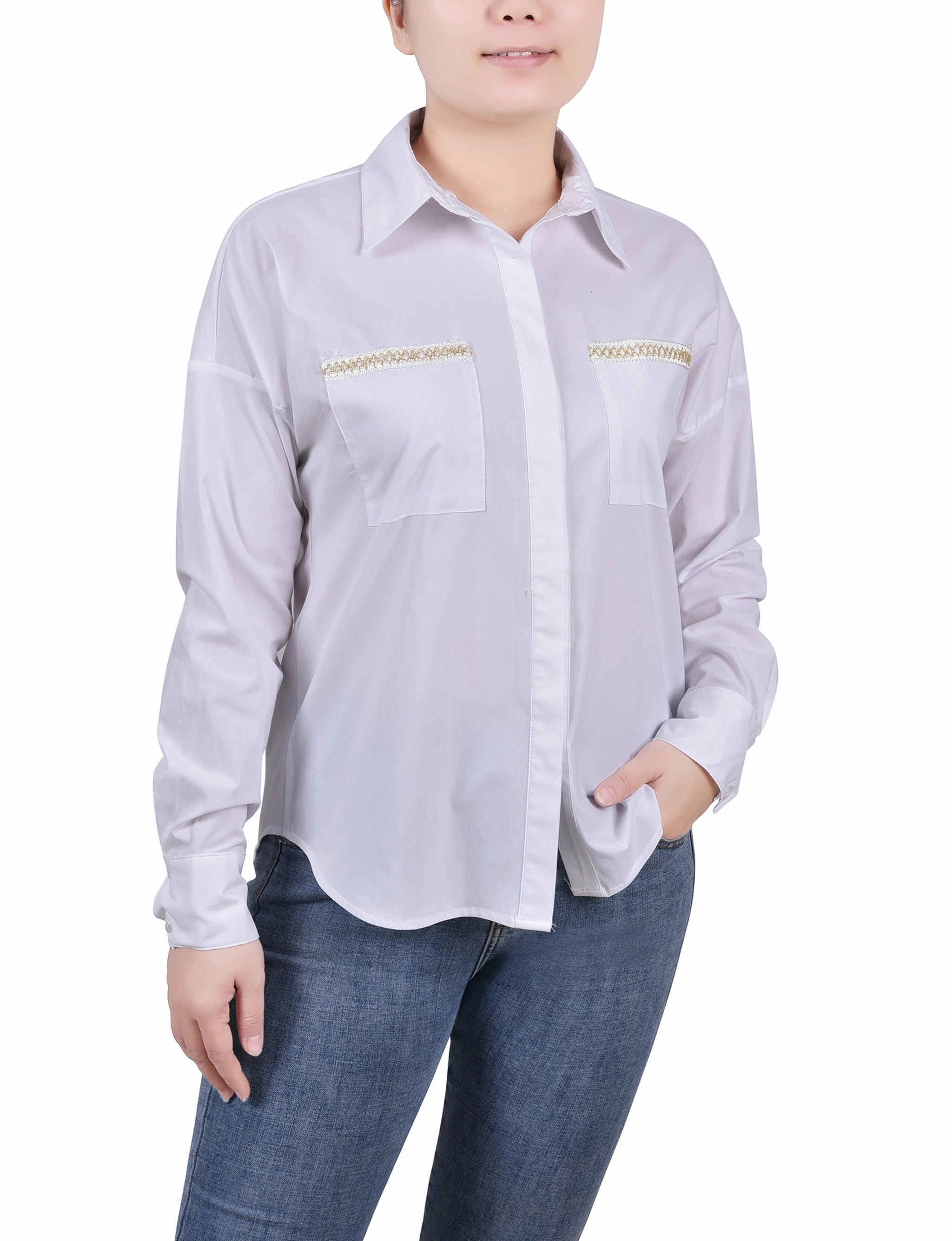 Petite Long Sleeve Hidden Placket Blouse Butter Soft Handfeel Durable Stitch Pattern