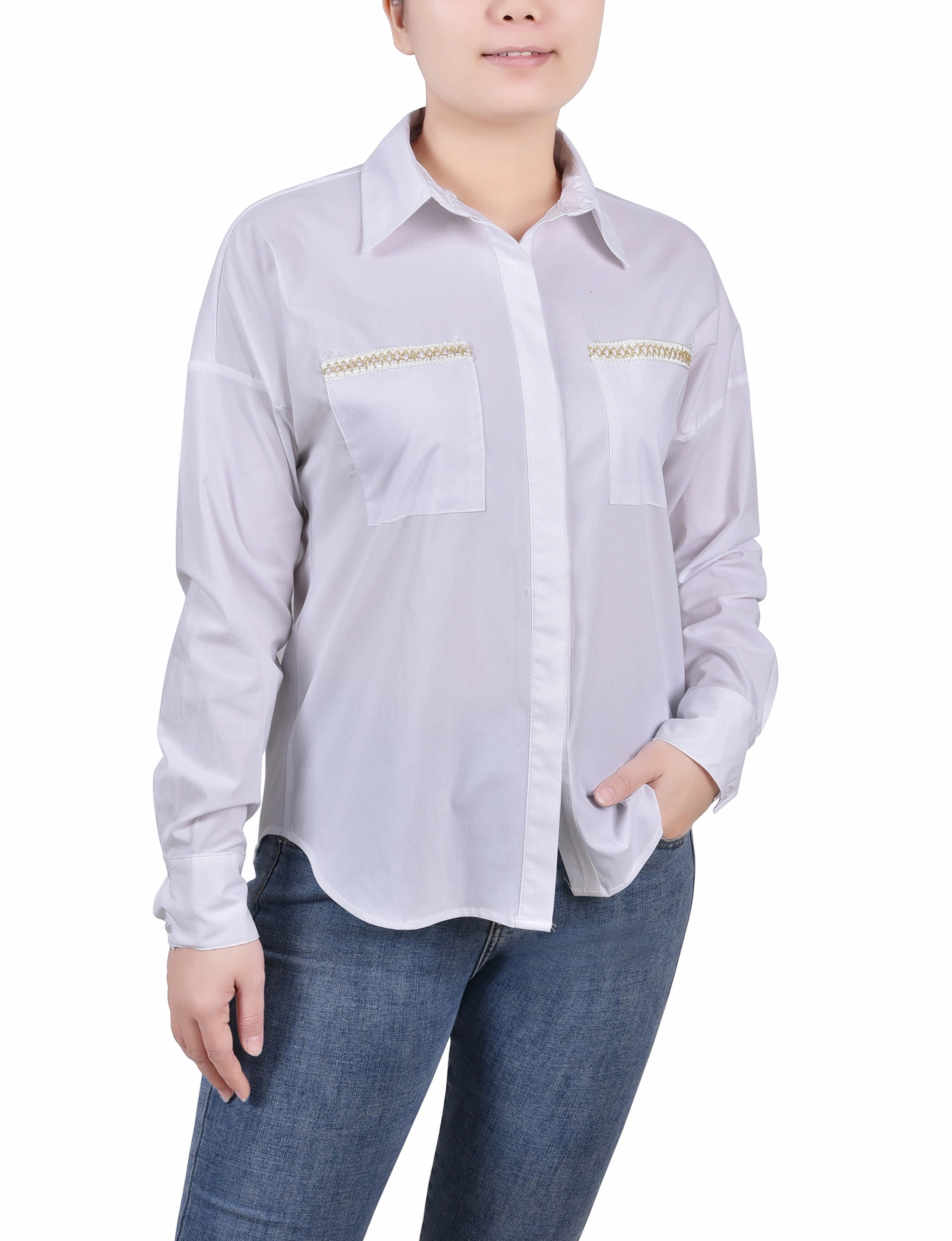 Petite Long Sleeve Hidden Placket Blouse Relaxed Fit Shirt