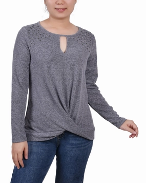 Ribbed Collar Style DoubleLayeredCollar Petite Long Sleeve Knit Keyhole Top With Studs