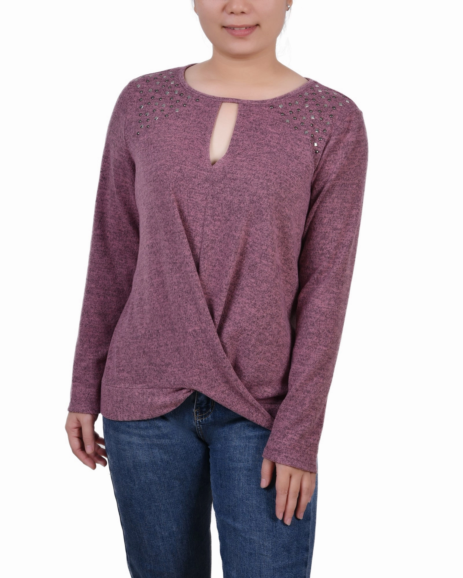 Petite Long Sleeve Knit Keyhole Top With Studs Warm Layer