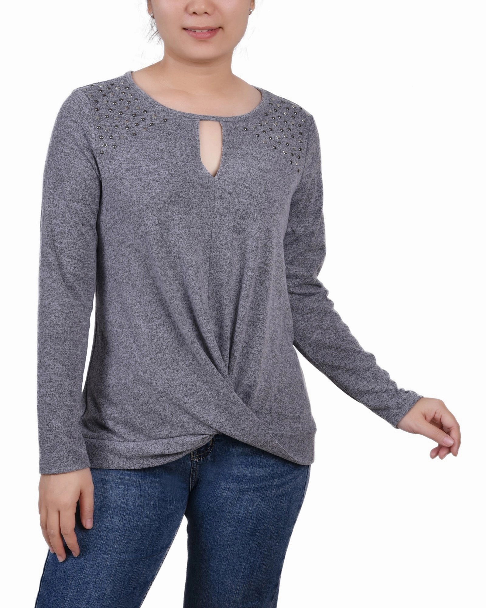 Petite Long Sleeve Knit Keyhole Top With Studs Thermal Insulation Flexible Waistband Adaptation