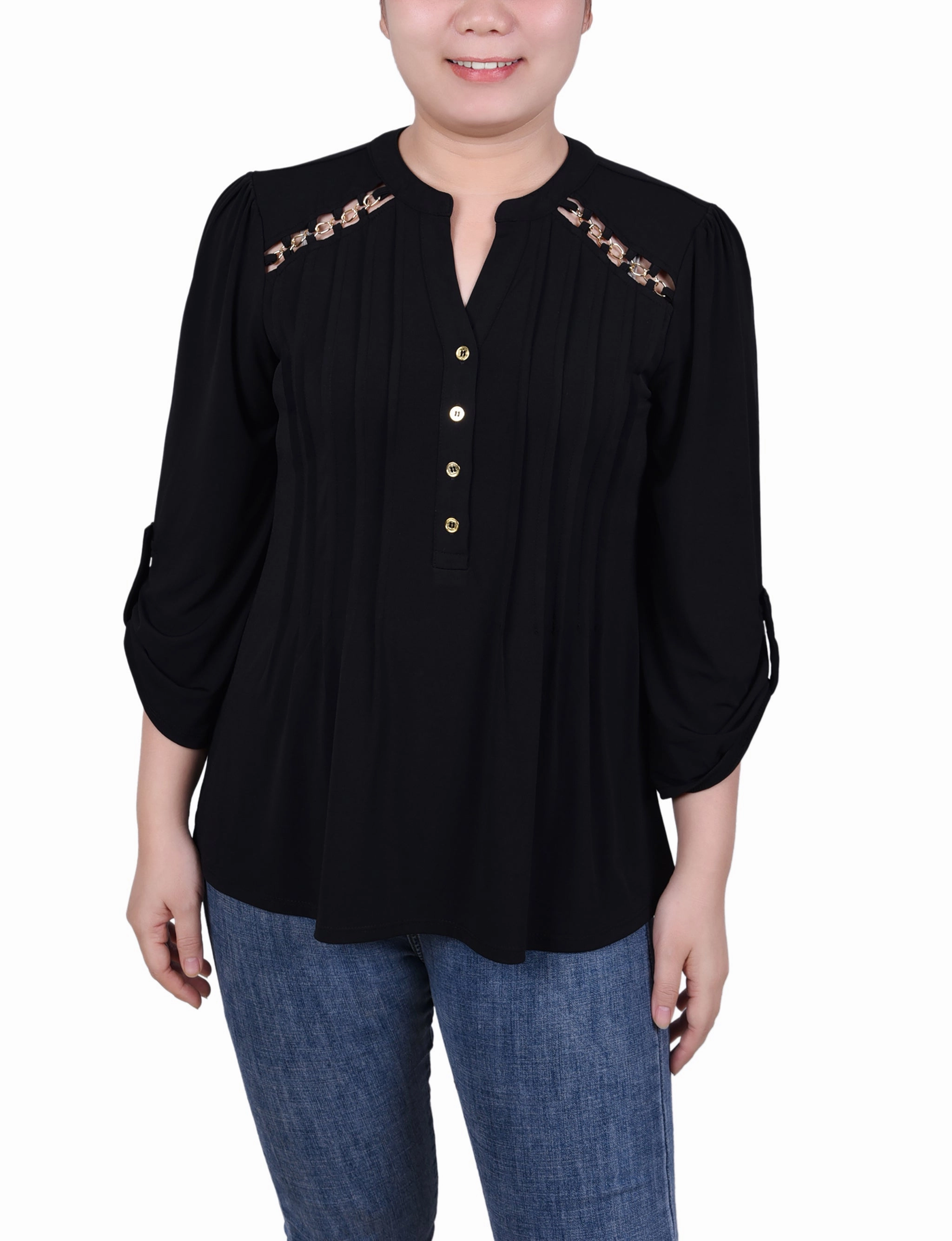 UVProtectionCoating Resilient Elasticity Petite Long Sleeve Pintuck Front Top With Chain Details