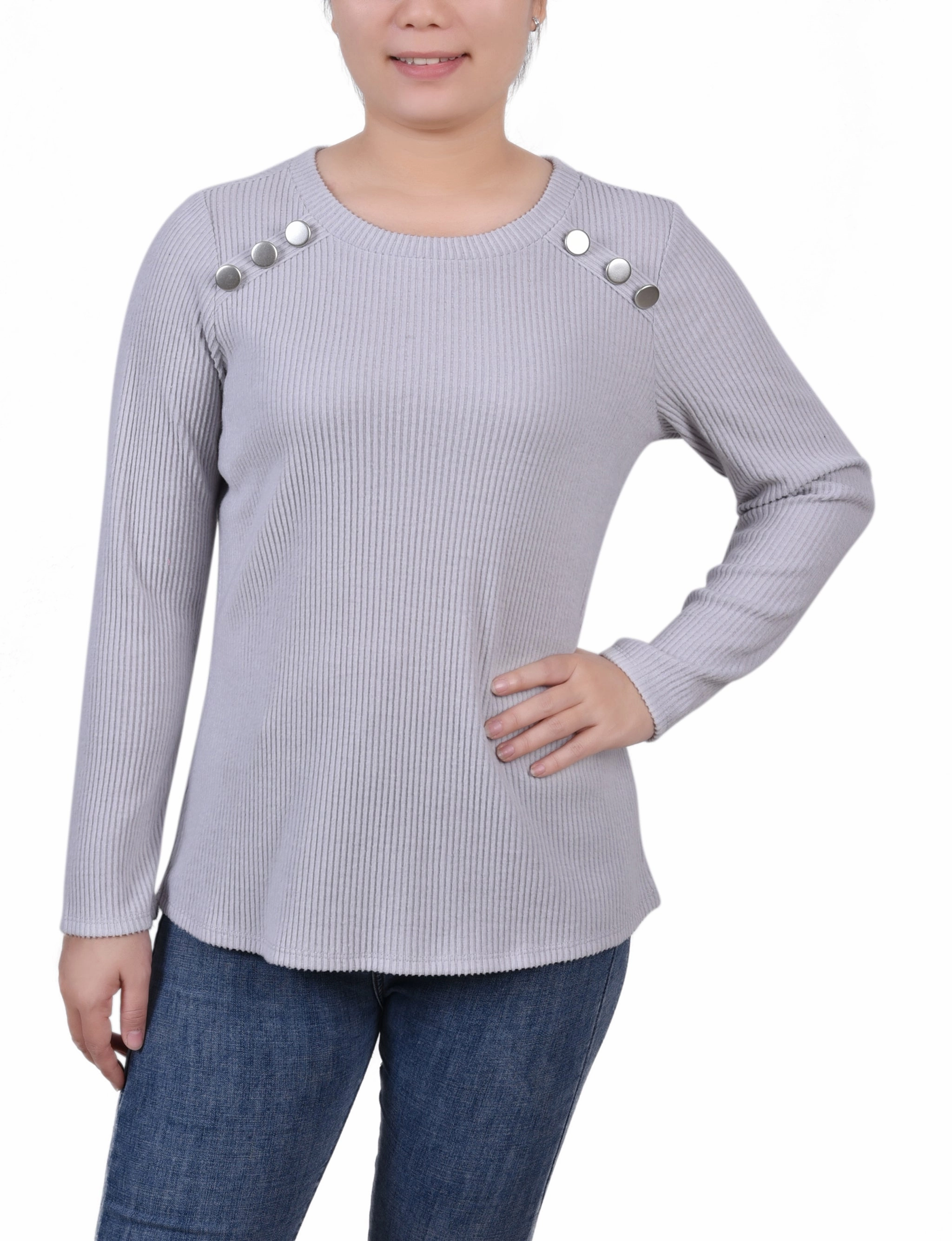 Petite Long Sleeve Ribbed Button Detail Top AllDay Comfort Design OdorResistant
