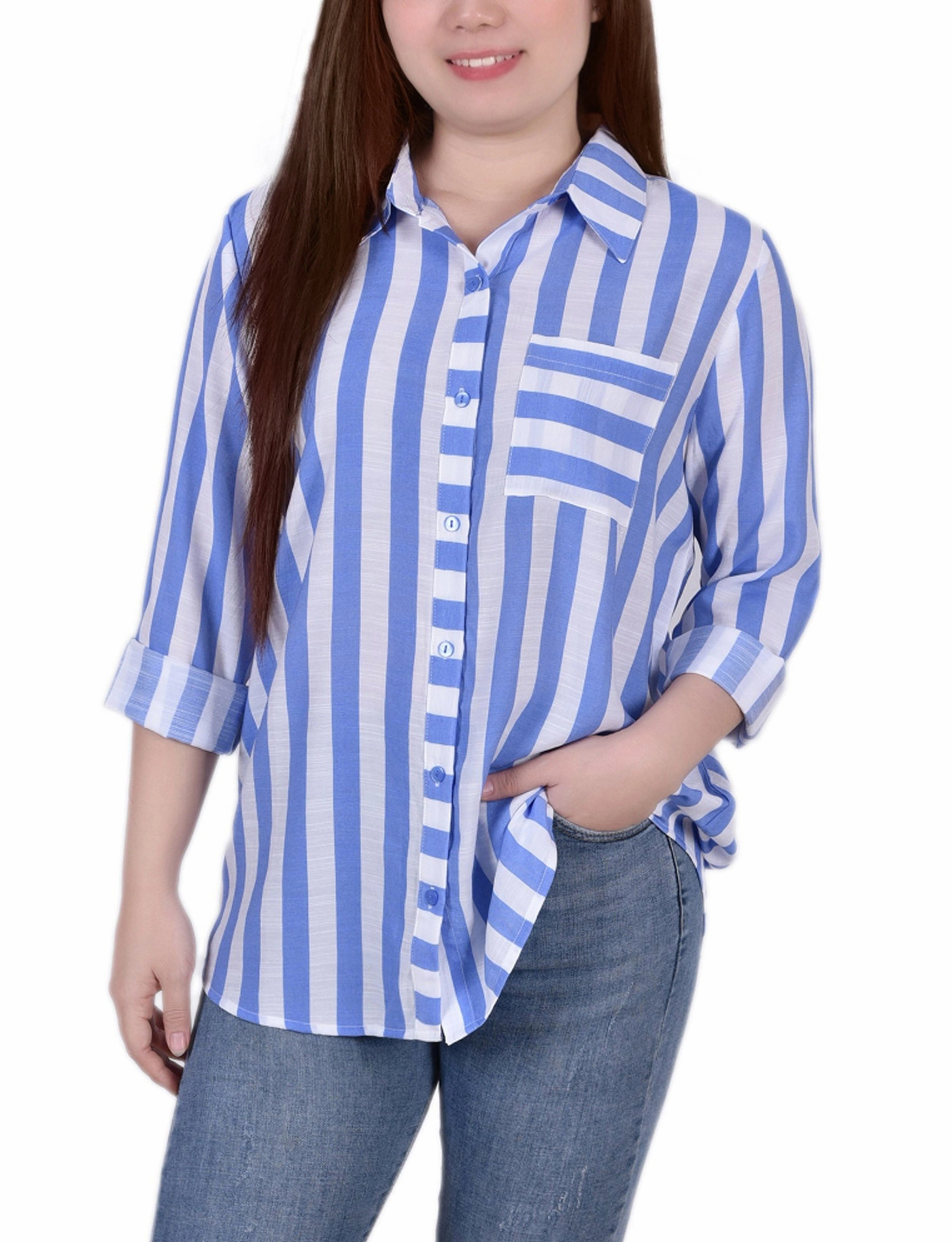 NonIrritating Stitching Winter Fashion Petite Long Sleeve Striped Blouse