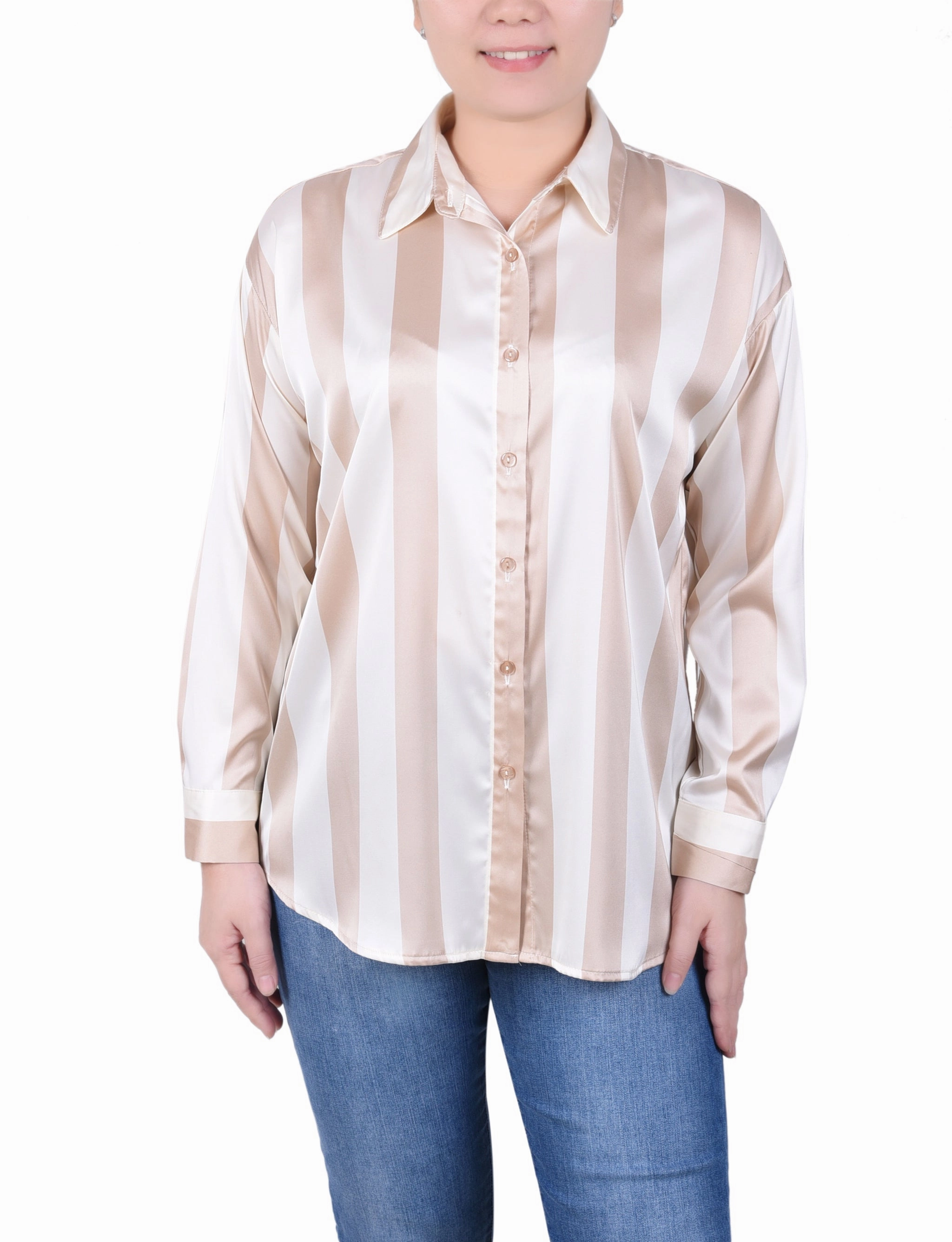 Petite Long Sleeve Striped Satin Blouse Everyday Fashion