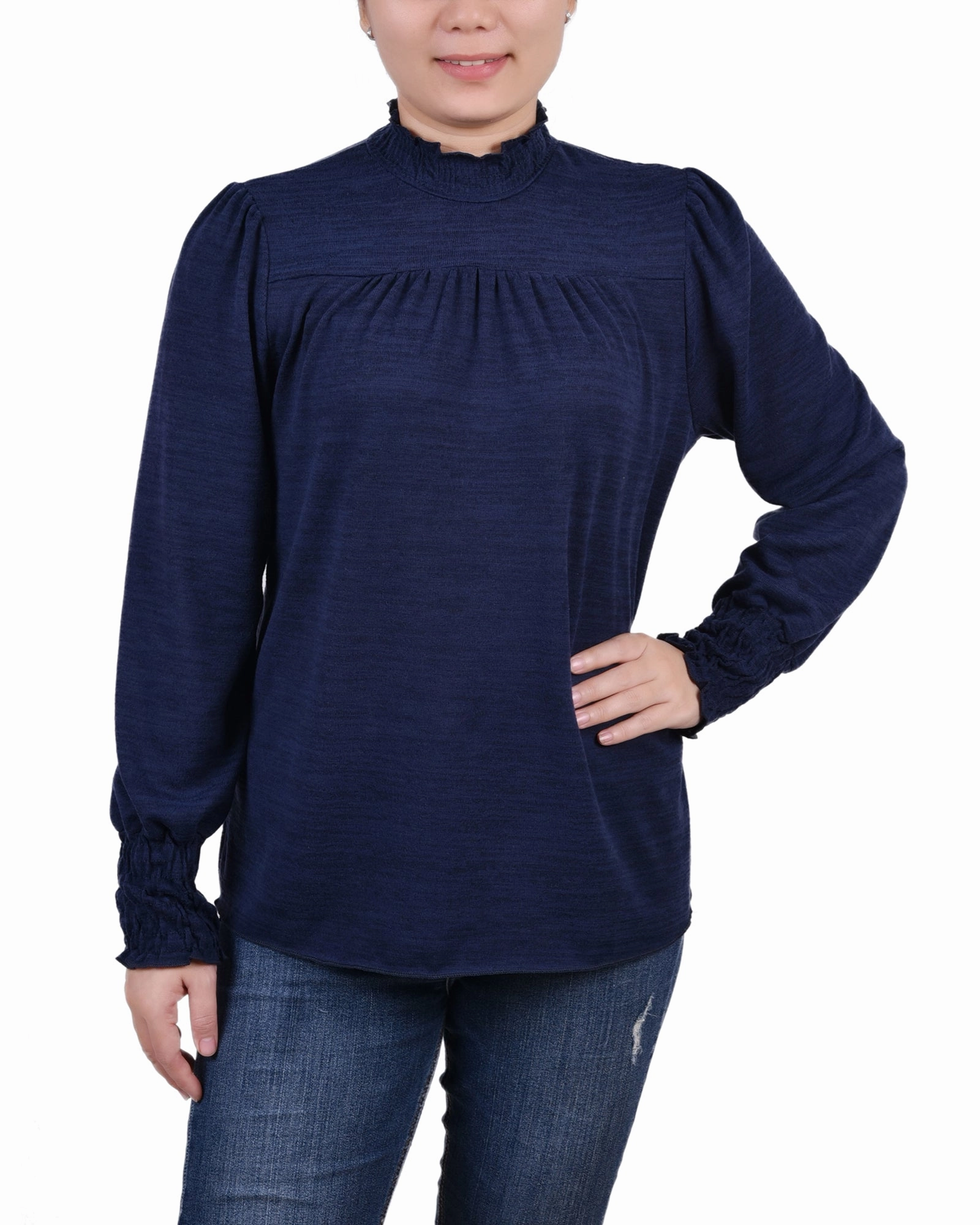 SlubTexture Stretch Fit Engineering Petite Long Sleeve Top With Smocking Details