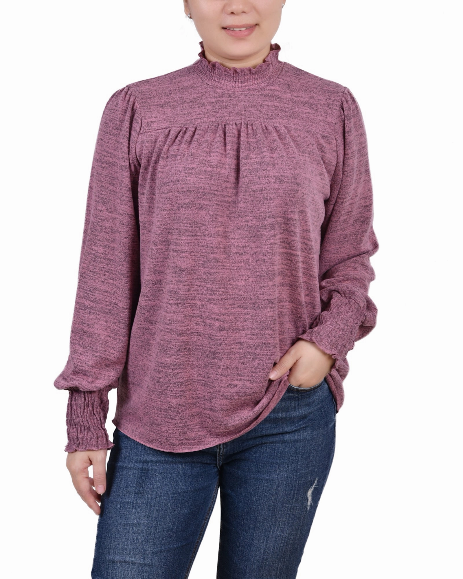 Petite Long Sleeve Top With Smocking Details Durable Interlock Stitch