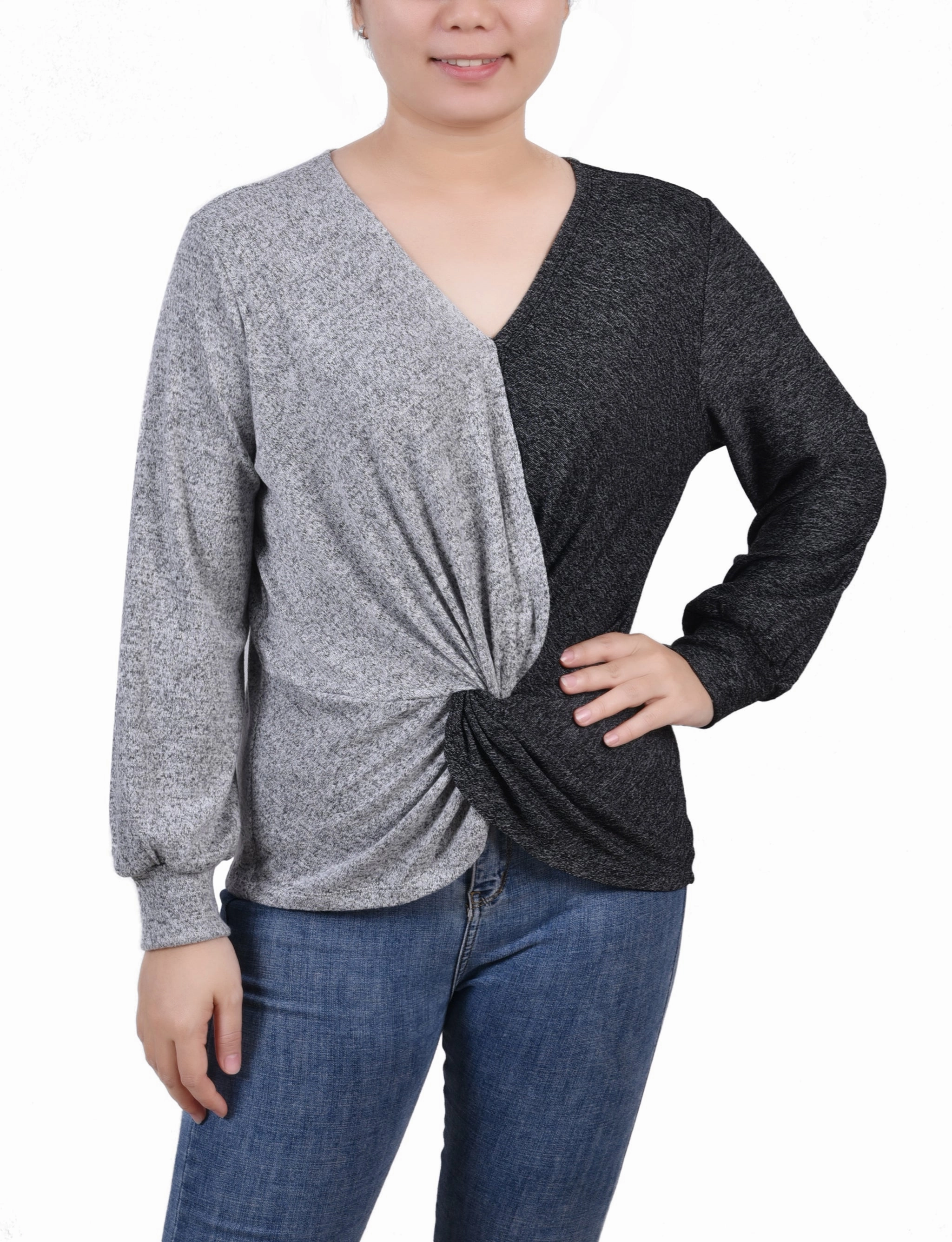 Petite Long Sleeve Twist Front Colorblocked Top MicrofiberTech