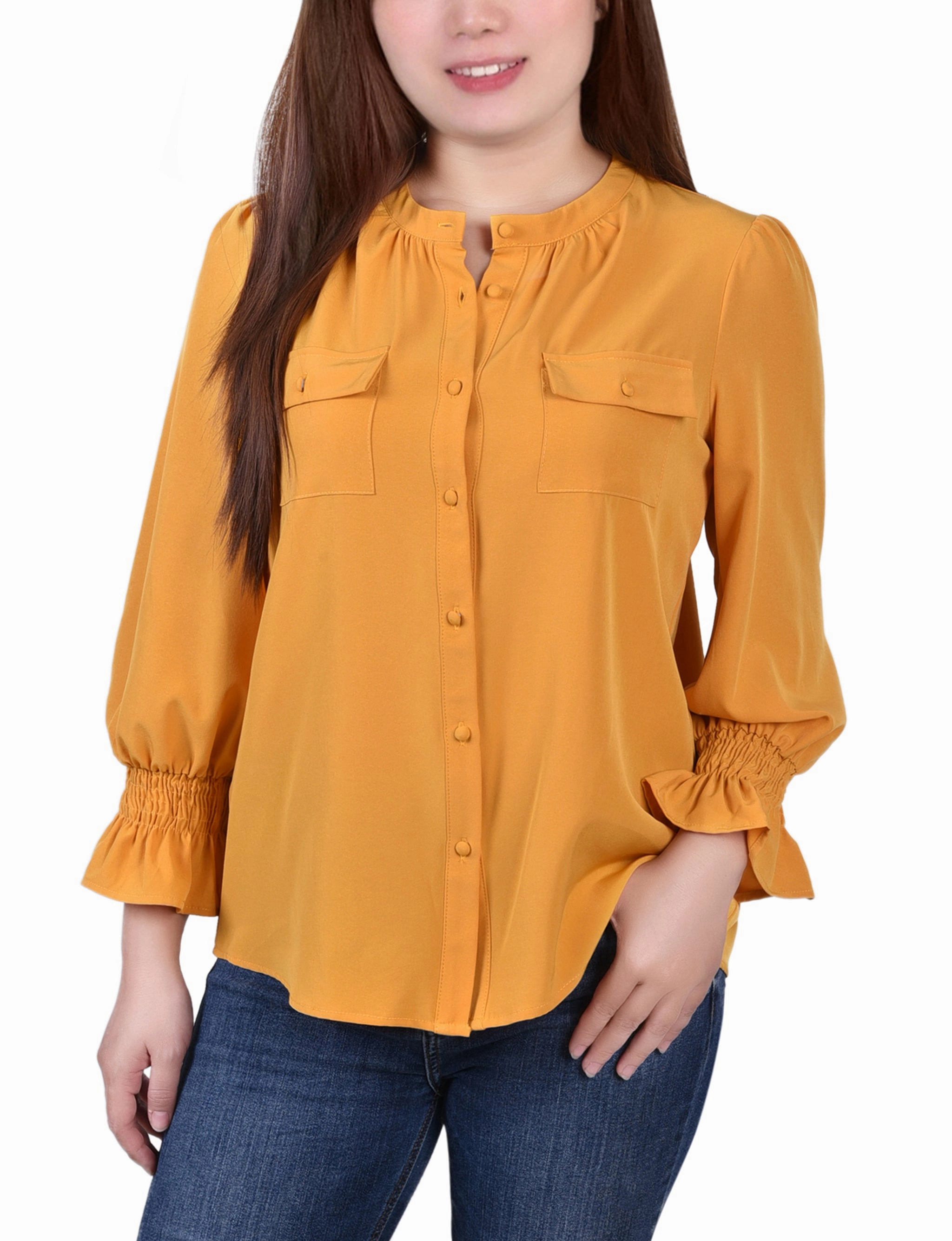 Petite Long Sleeve Y Neck Blouse standard fit AntiFade Treatment
