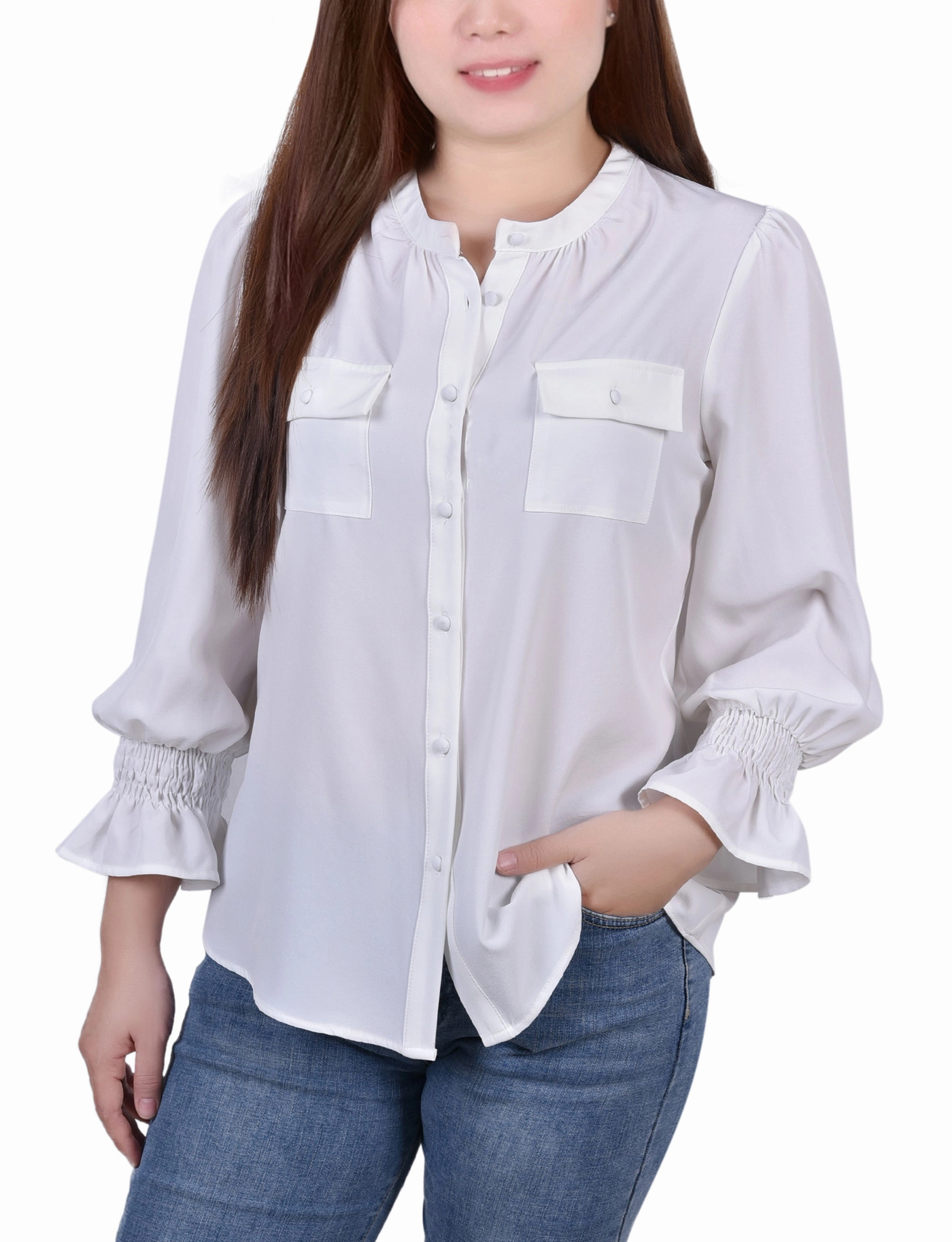 SustainableBlend Layered Ventilation Zones Petite Long Sleeve Y Neck Blouse