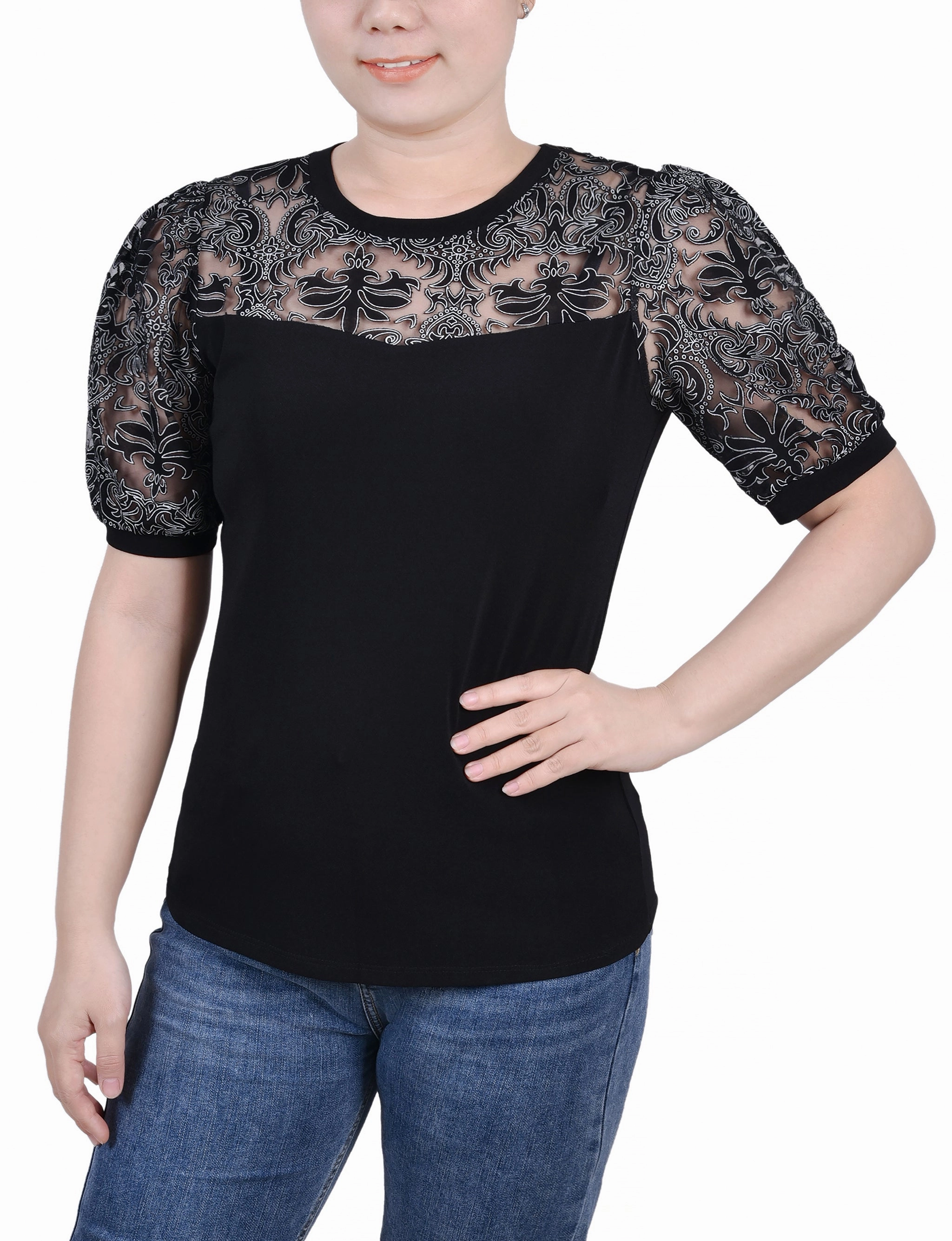 Tear Resistant Reinforcement Petite Puff Lace-Sleeve Top