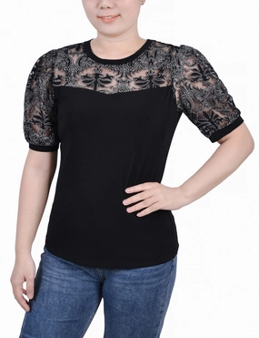 Tear Resistant Reinforcement Petite Puff Lace-Sleeve Top