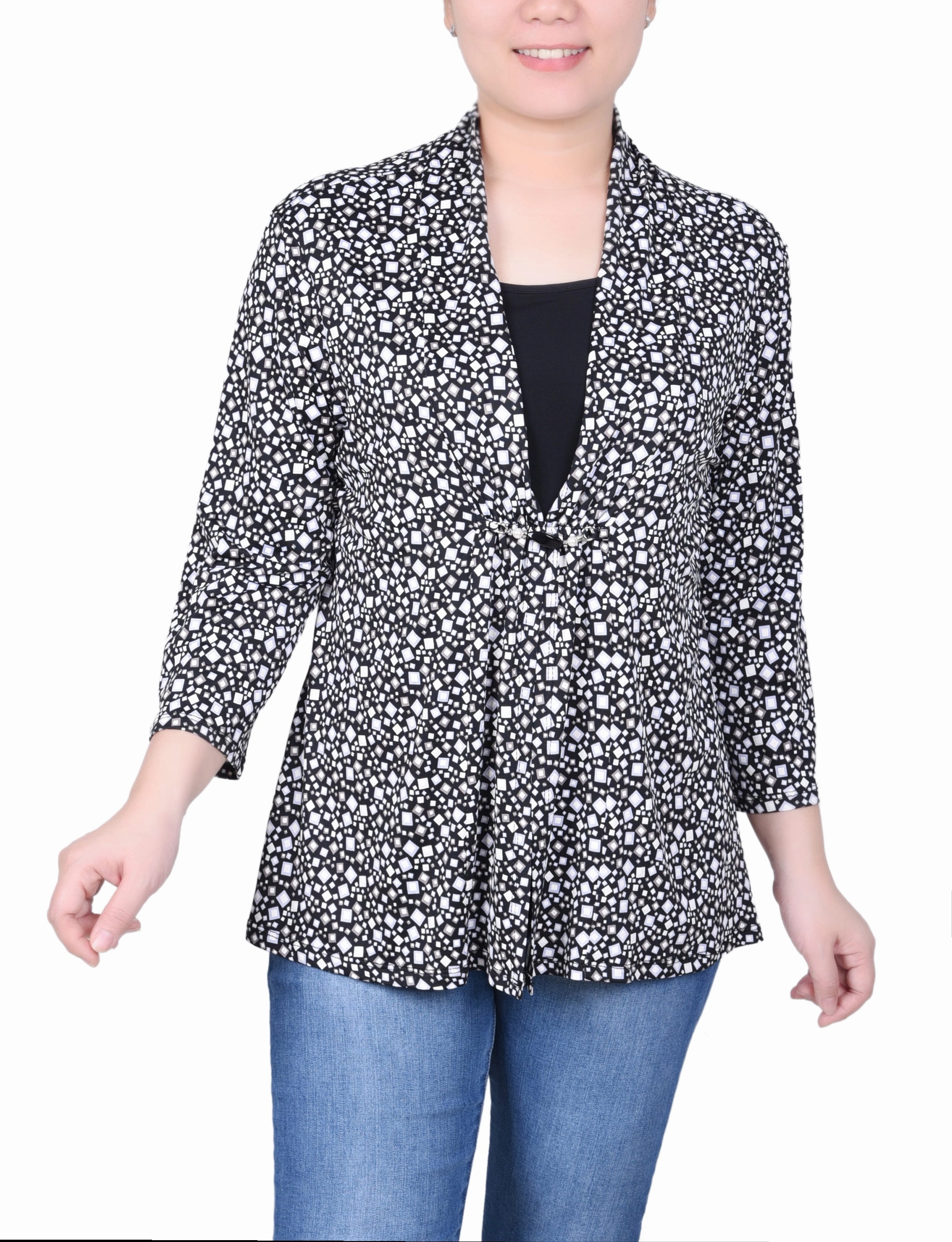 Petite Puff Print 3/4 Sleeve Two-Fer Top Breathable Lining