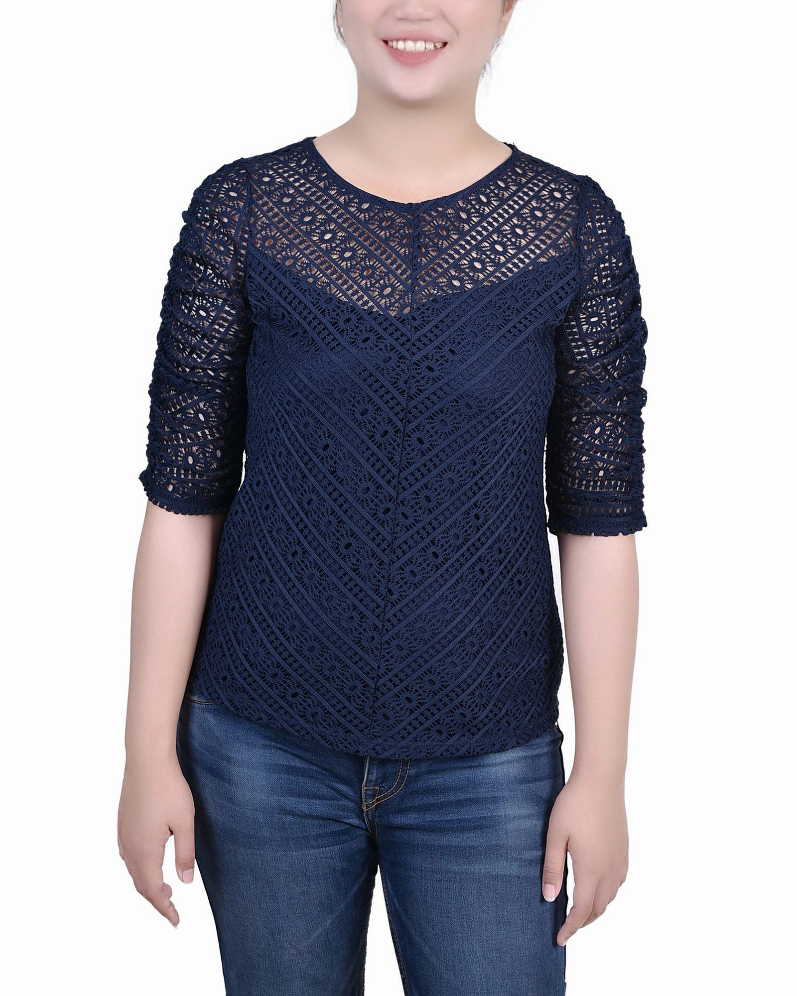 Petite Rouched Sleeve Lace Top Ribbed Trim Details