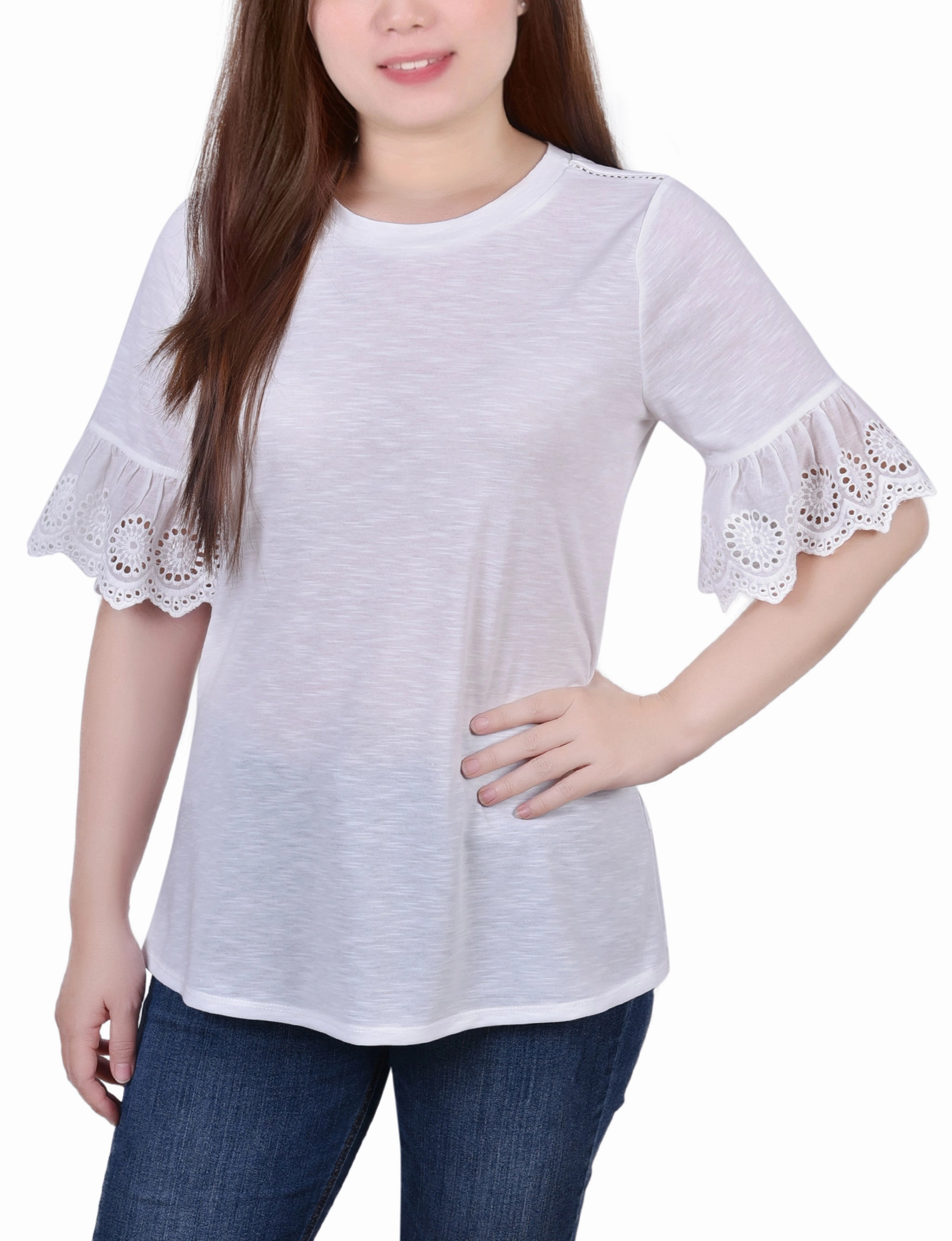 Petite Short Bell Sleeve Slubbed Top TearResistant Hybrid Fabric Blend