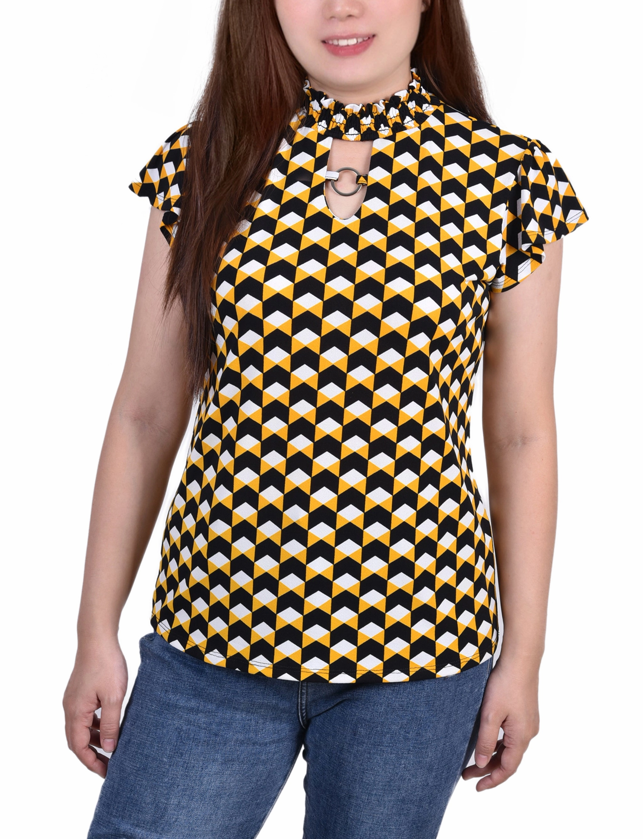 Petite Short Flutter Sleeve Mock Neck Top Odor Neutralizing Technology Basic Tank