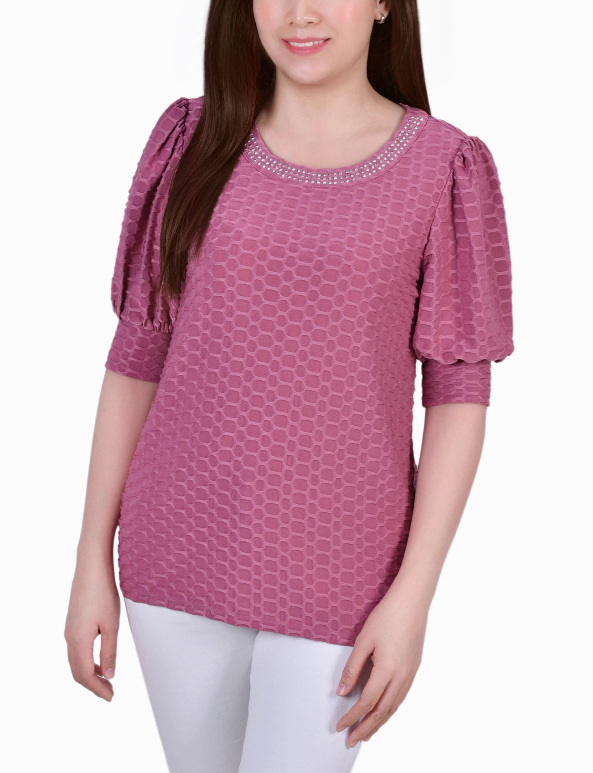 Petite Short Puff Sleeve Honeycomb Top TemperatureRegulating Material AntiStatic Material