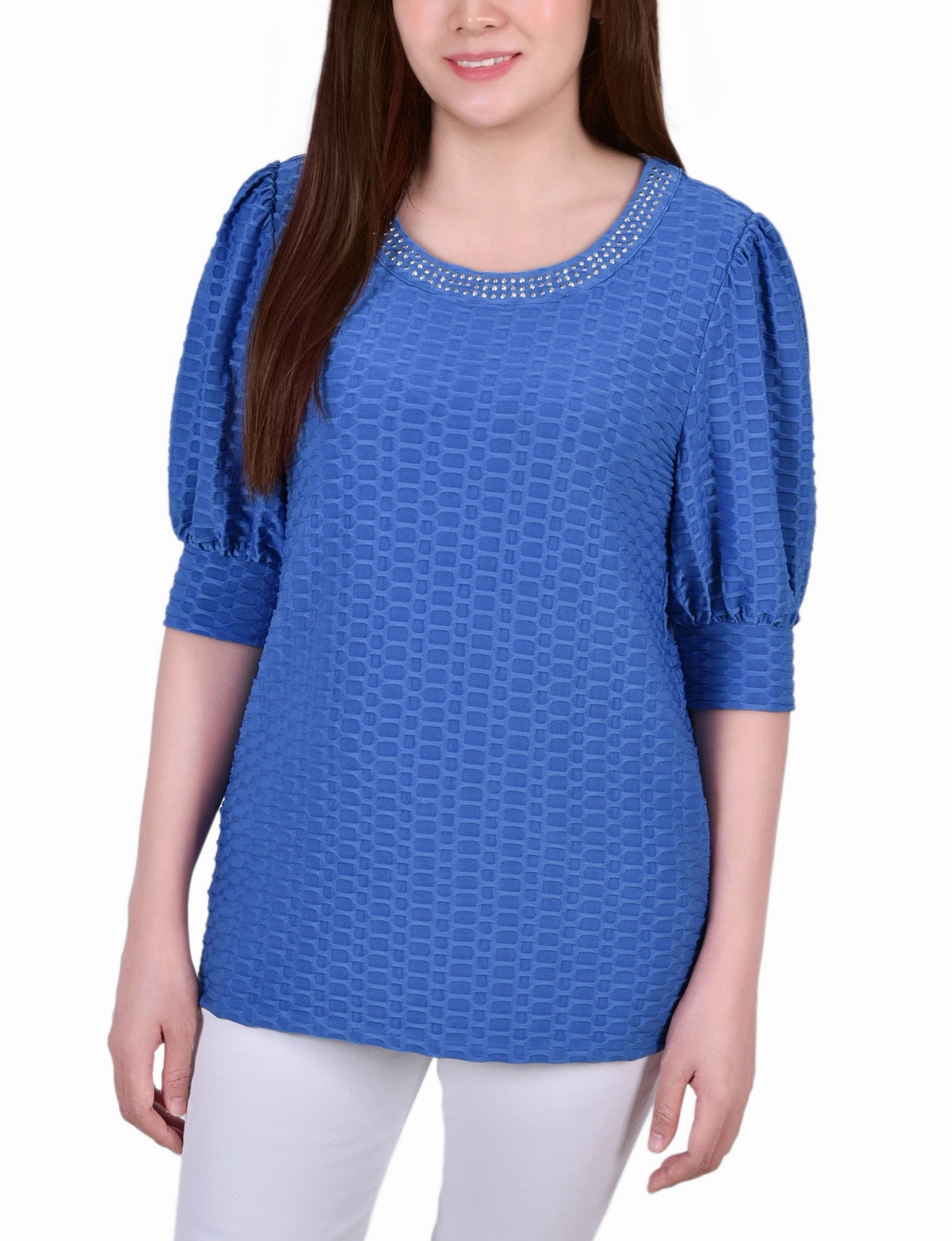 Ergonomic Pattern Design Petite Short Puff Sleeve Honeycomb Top