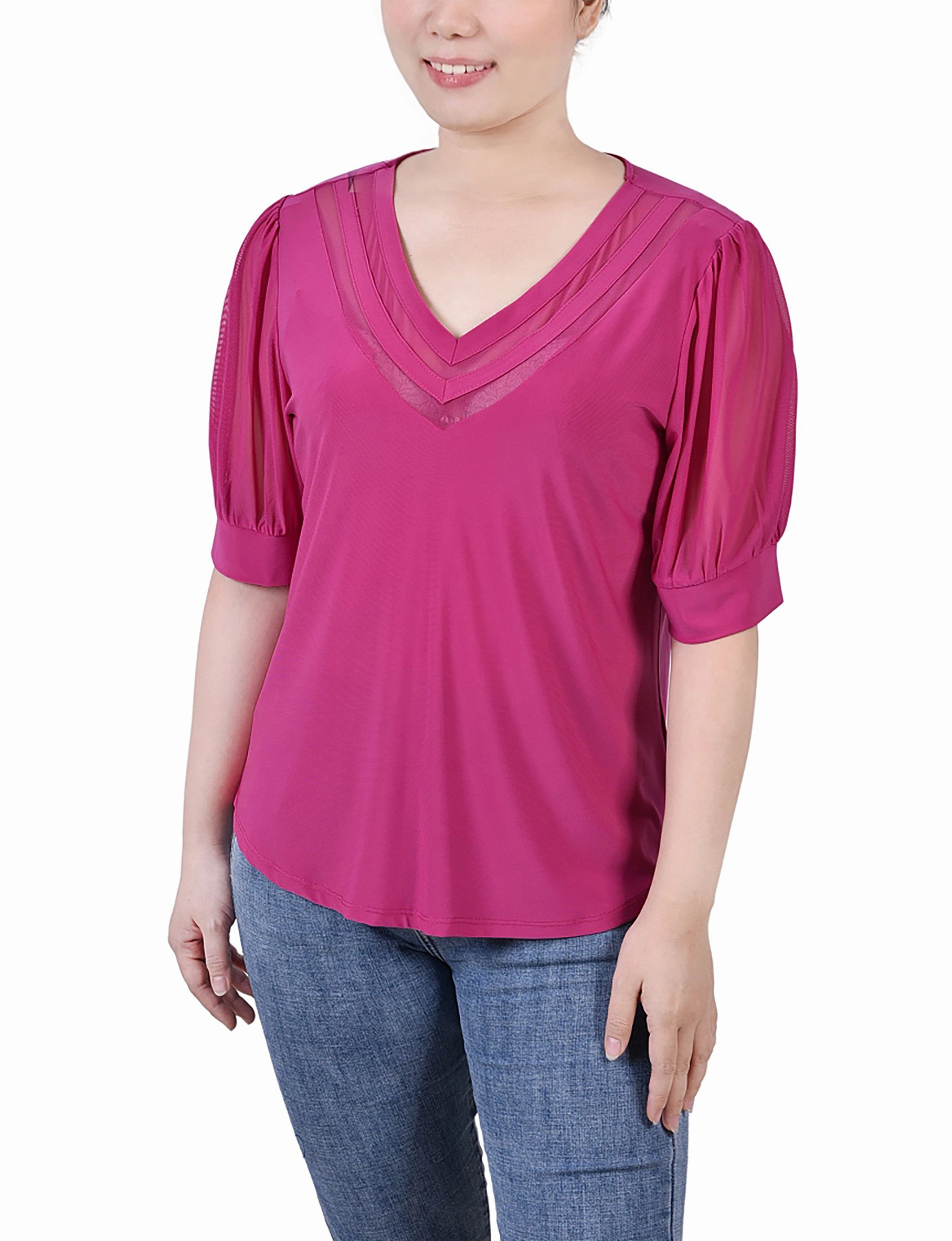 Petite Short Puff Sleeve V Neck Top Shrinkage Prevention Treatment